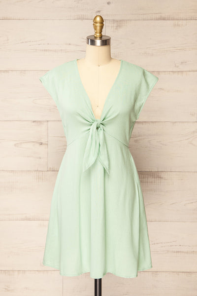 Neko Mint Short Tie-Front Linen Dress | La petite garçonne front view