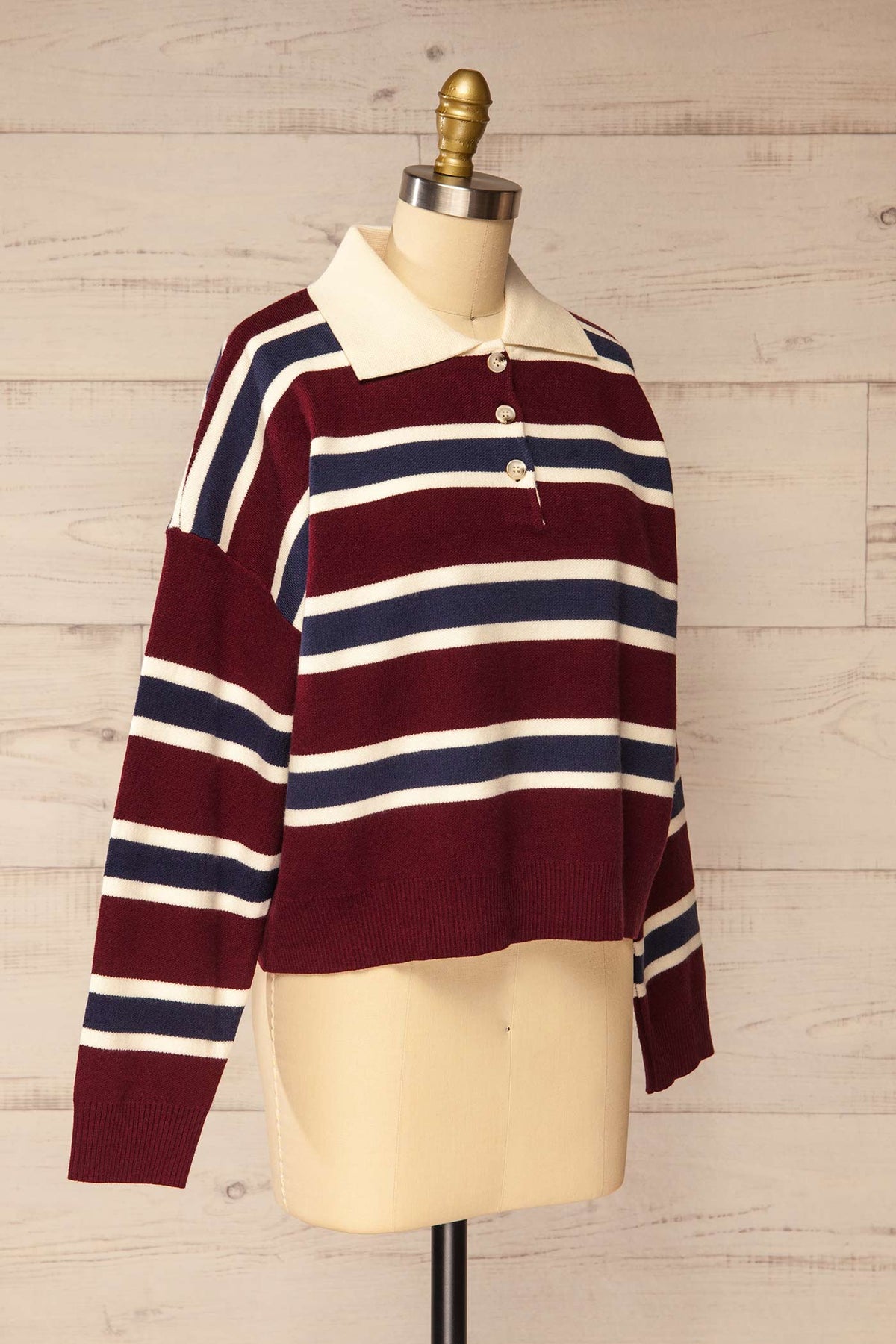 side view of Nemiscau Striped Burgundy Polo Sweater at La petite garçonne