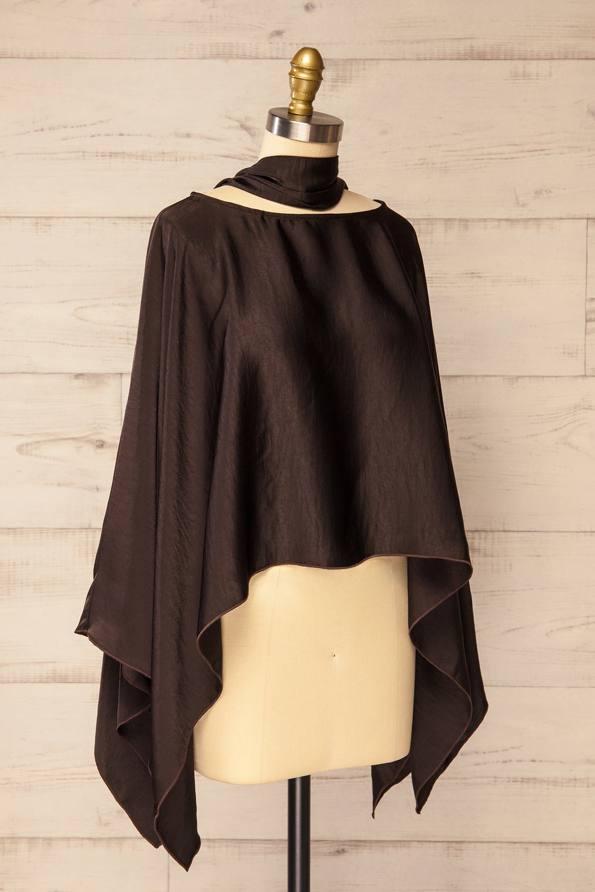 side view of Neomede Brown Satin Cape Top with Scarf at La petite garçonne
