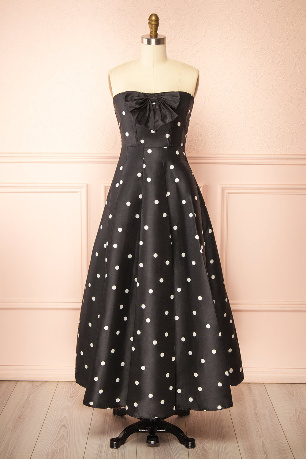 Nesrine Strapless Black Dress with White Polka Dots | Boutique 1861 front view