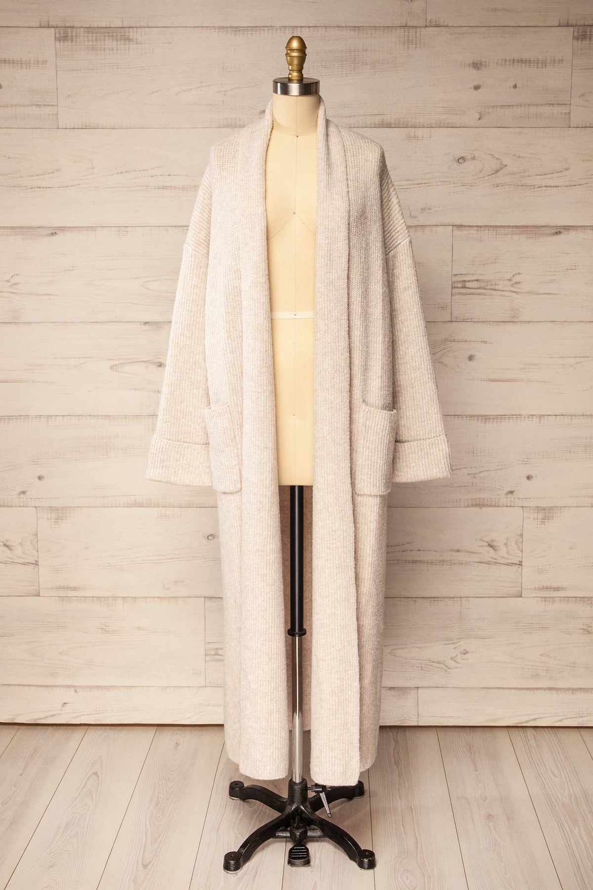 front view of Nevers Beige Maxi Knit Cardigan with Pockets at La petite garçonne