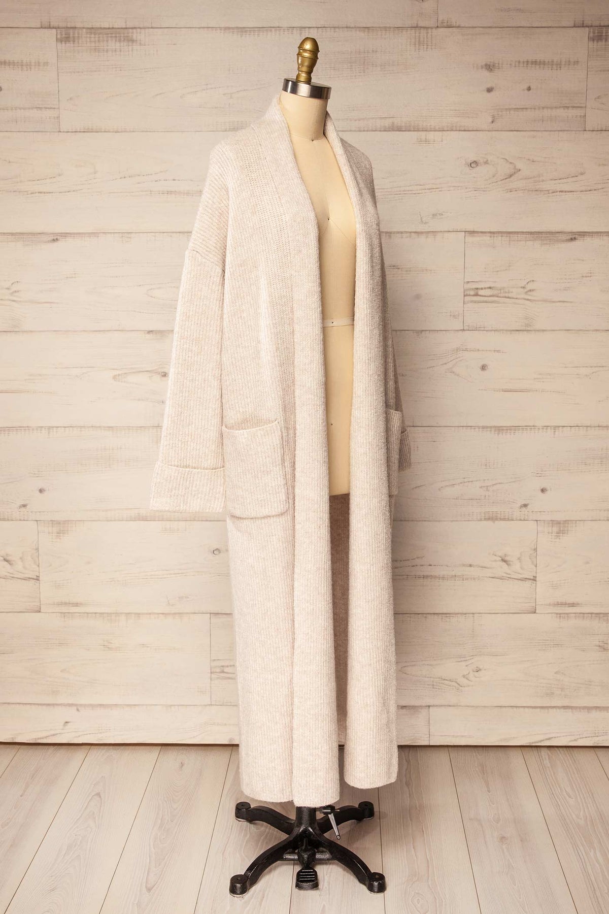 side view of Nevers Beige Maxi Knit Cardigan with Pockets at La petite garçonne