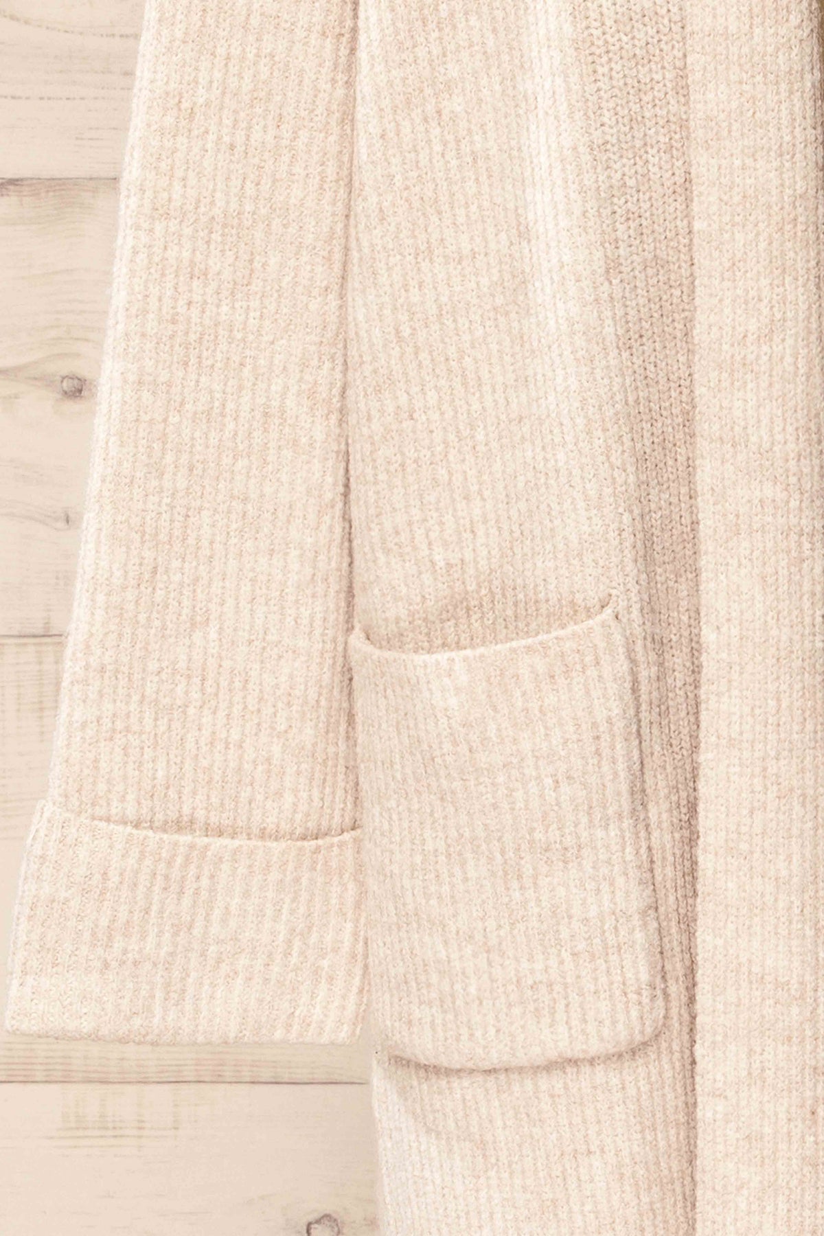 fabric view of Nevers Beige Maxi Knit Cardigan with Pockets at La petite garçonne