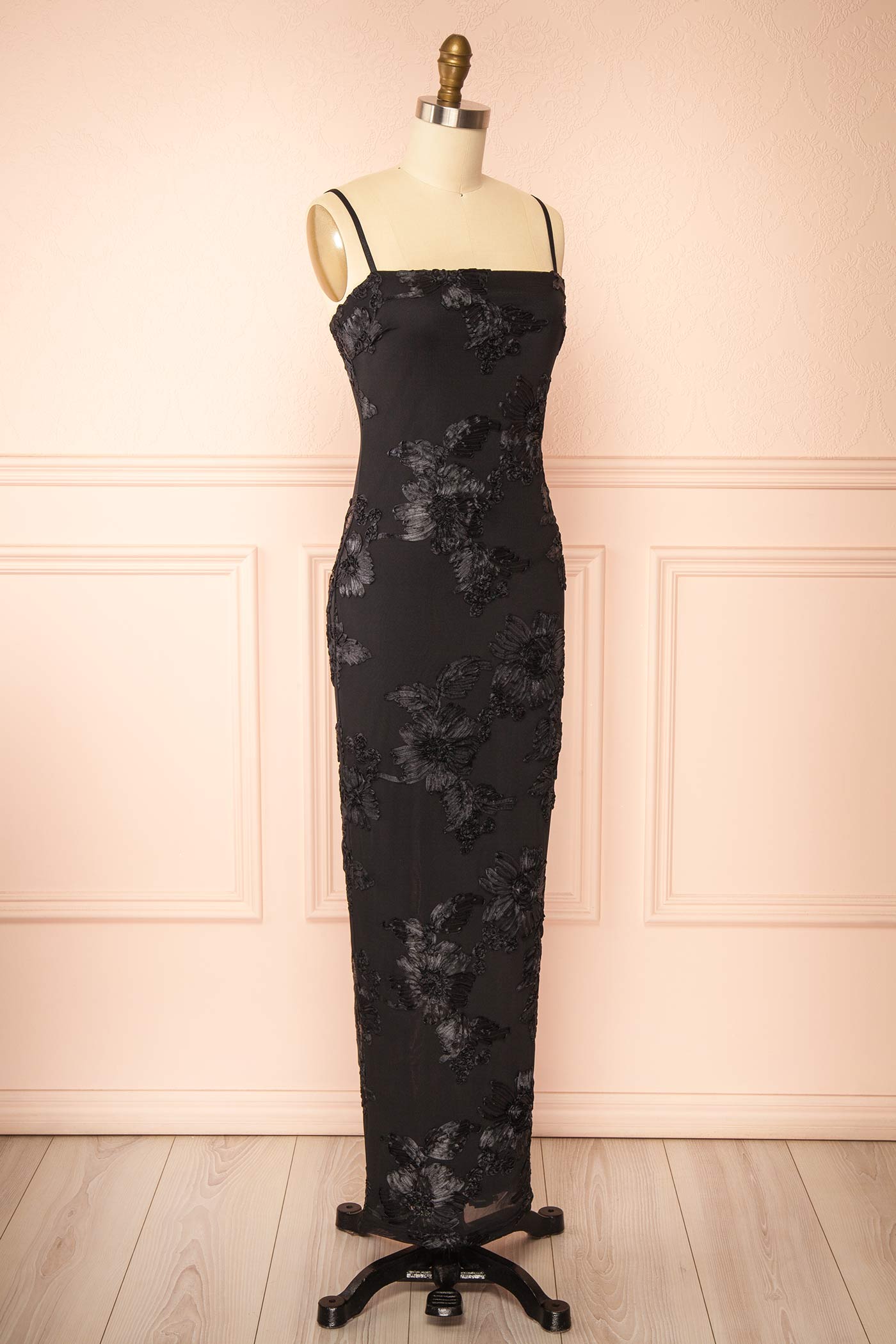 Neya Black Mesh Floral Maxi Dress with Back Slit