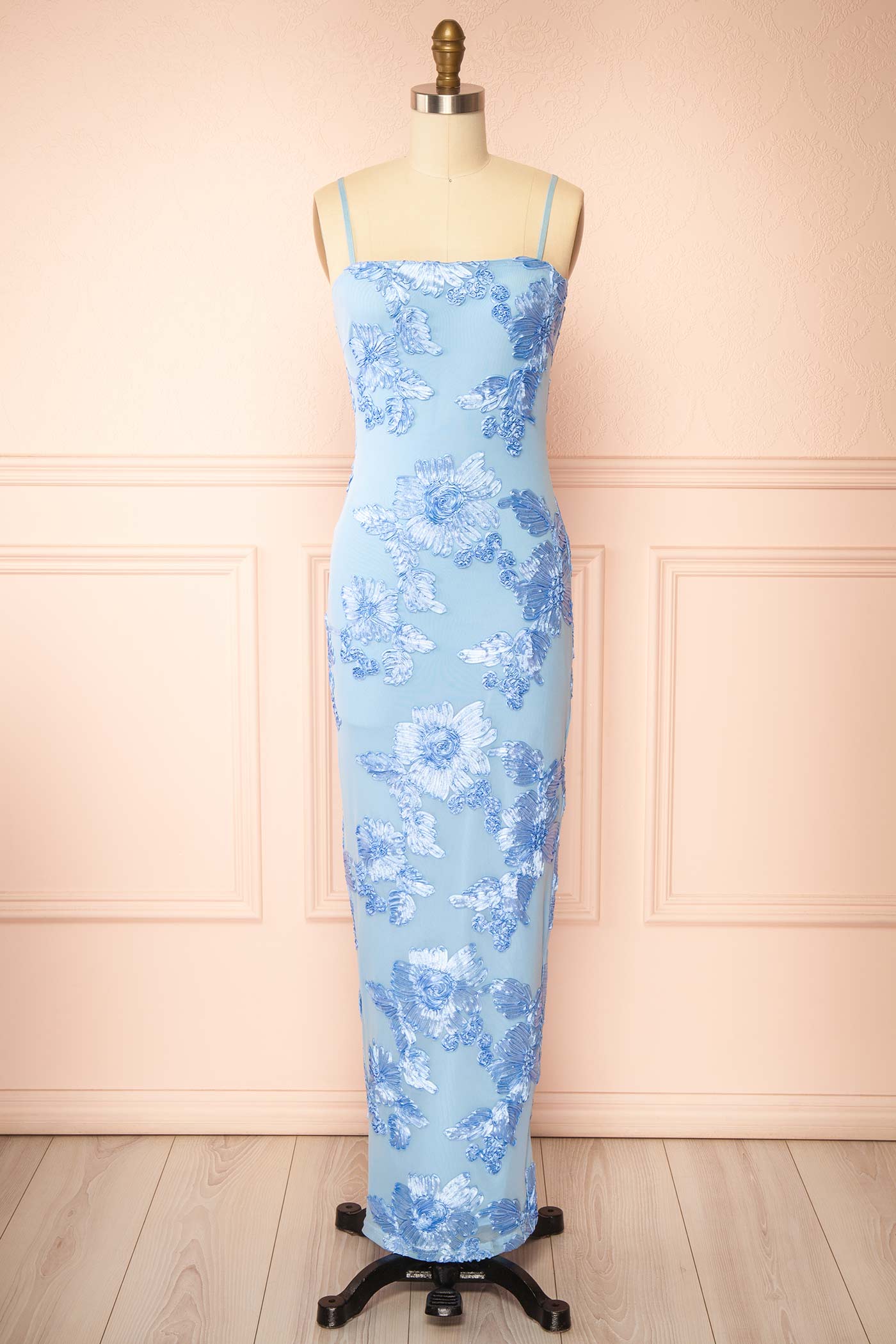 Neya Blue | Mesh Floral Maxi Dress with Back Slit