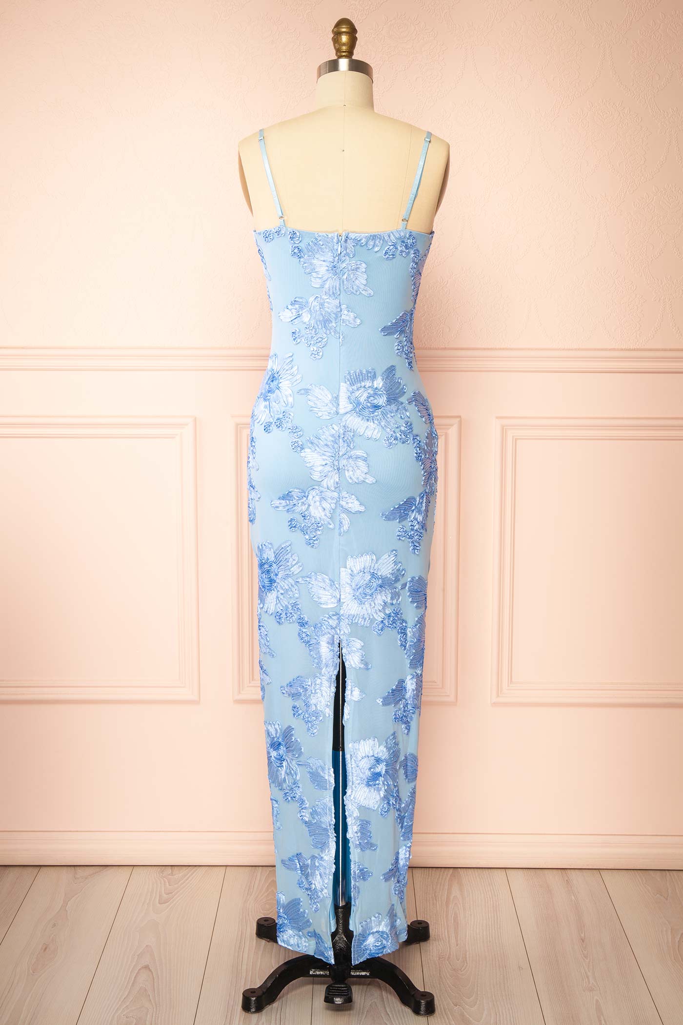 Neya Blue | Mesh Floral Maxi Dress with Back Slit