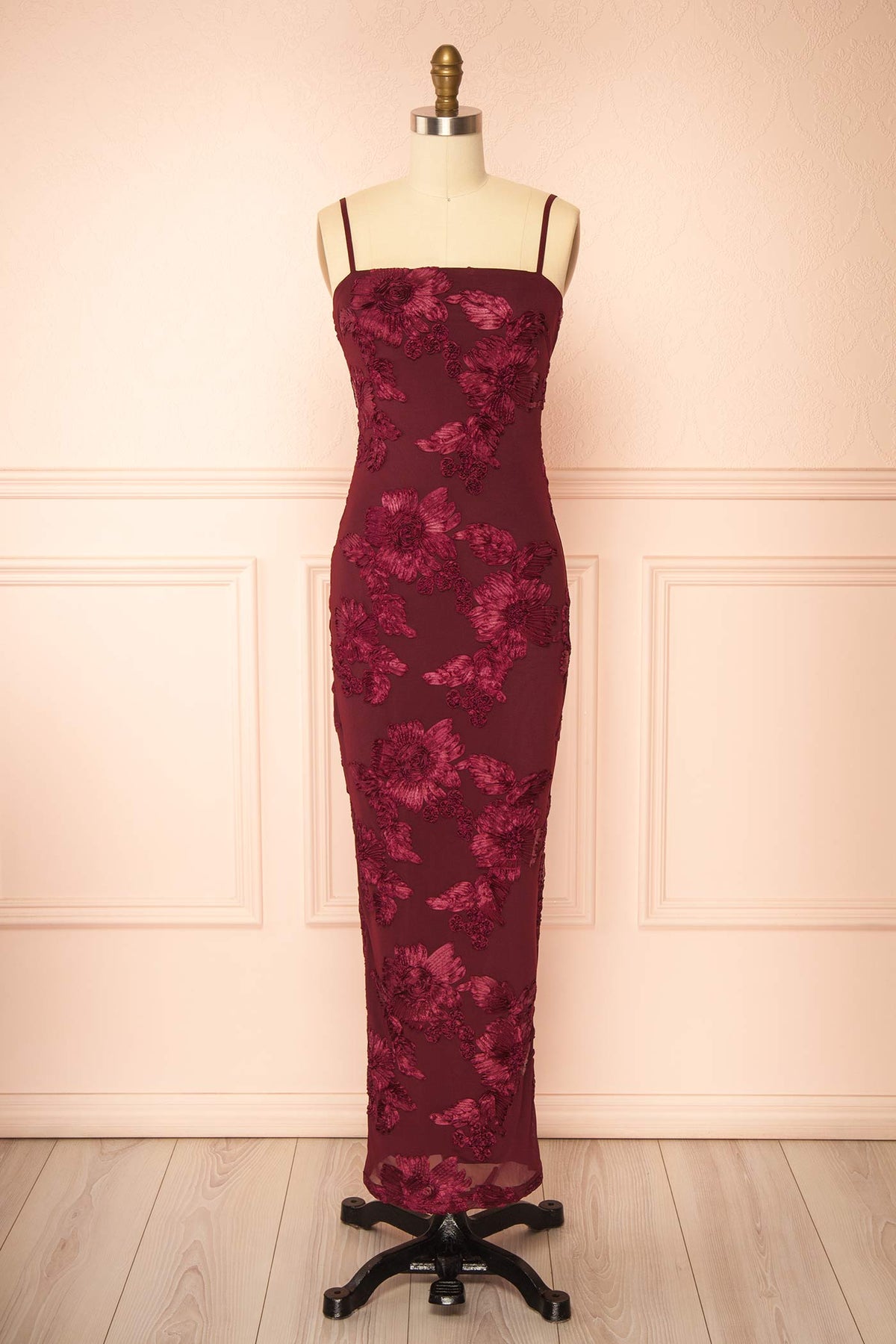 front view of Neya Burgundy Mesh Floral Maxi Dress with Back Slit at Boutique 1861