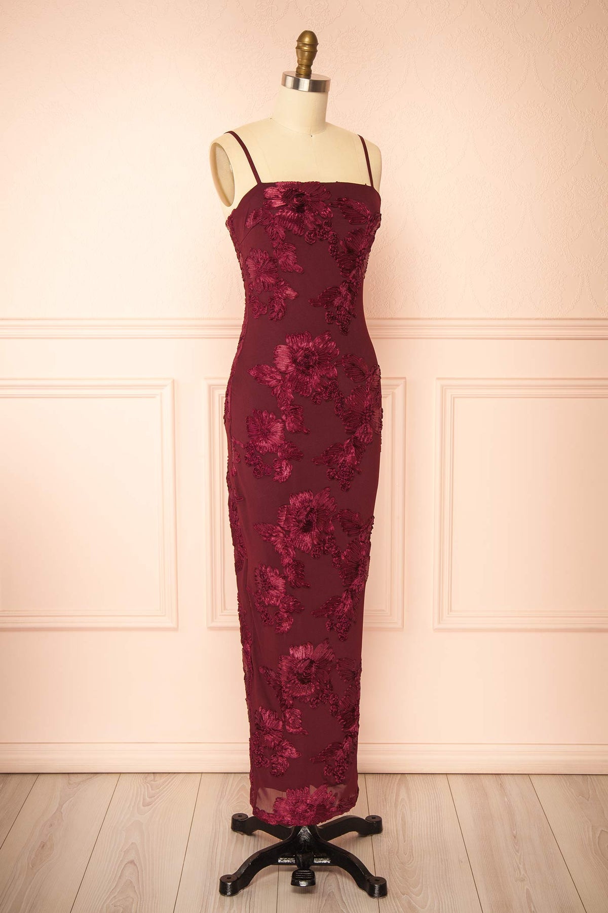 side view of Neya Burgundy Mesh Floral Maxi Dress with Back Slit at Boutique 1861