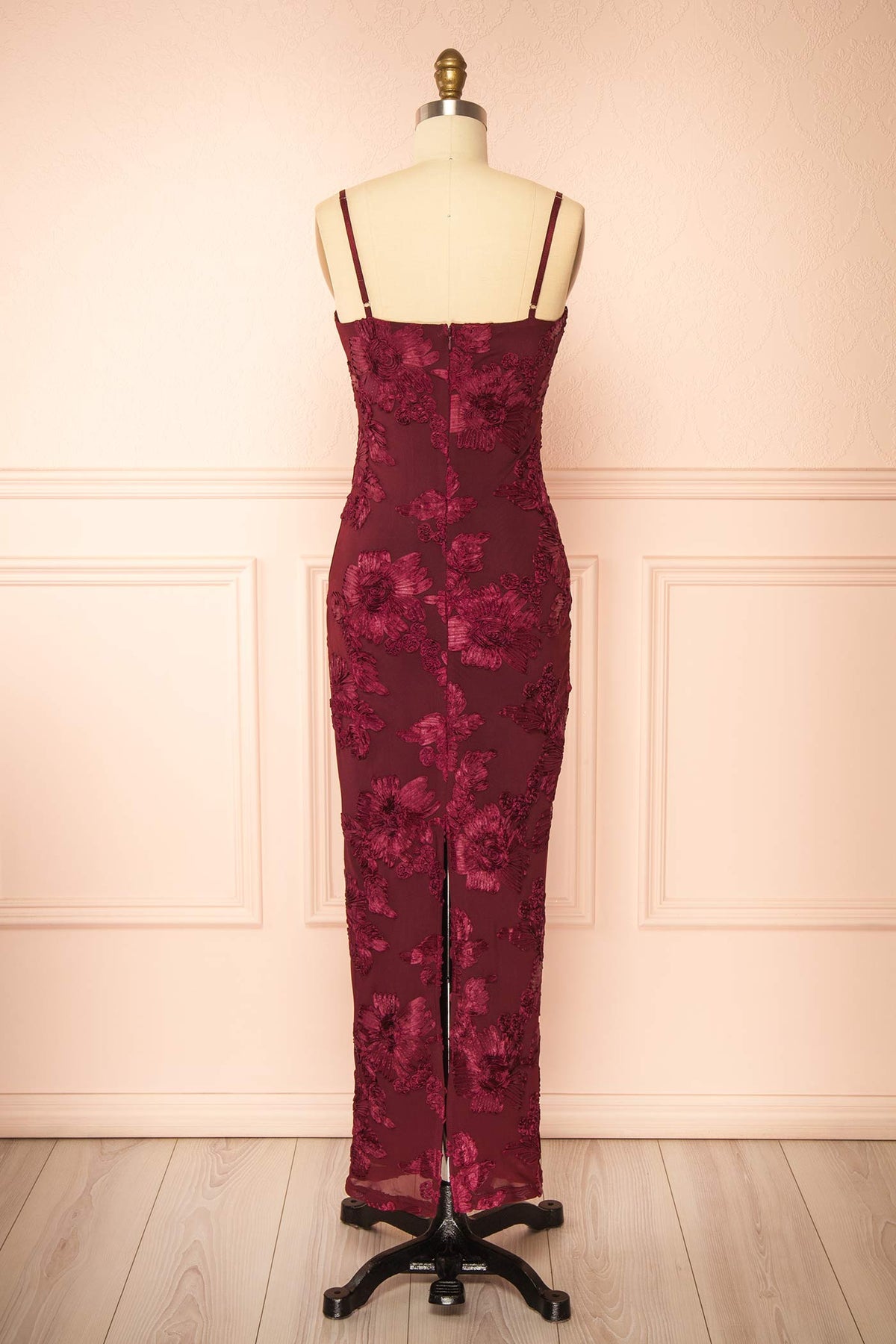 back view of Neya Burgundy Mesh Floral Maxi Dress with Back Slit at Boutique 1861