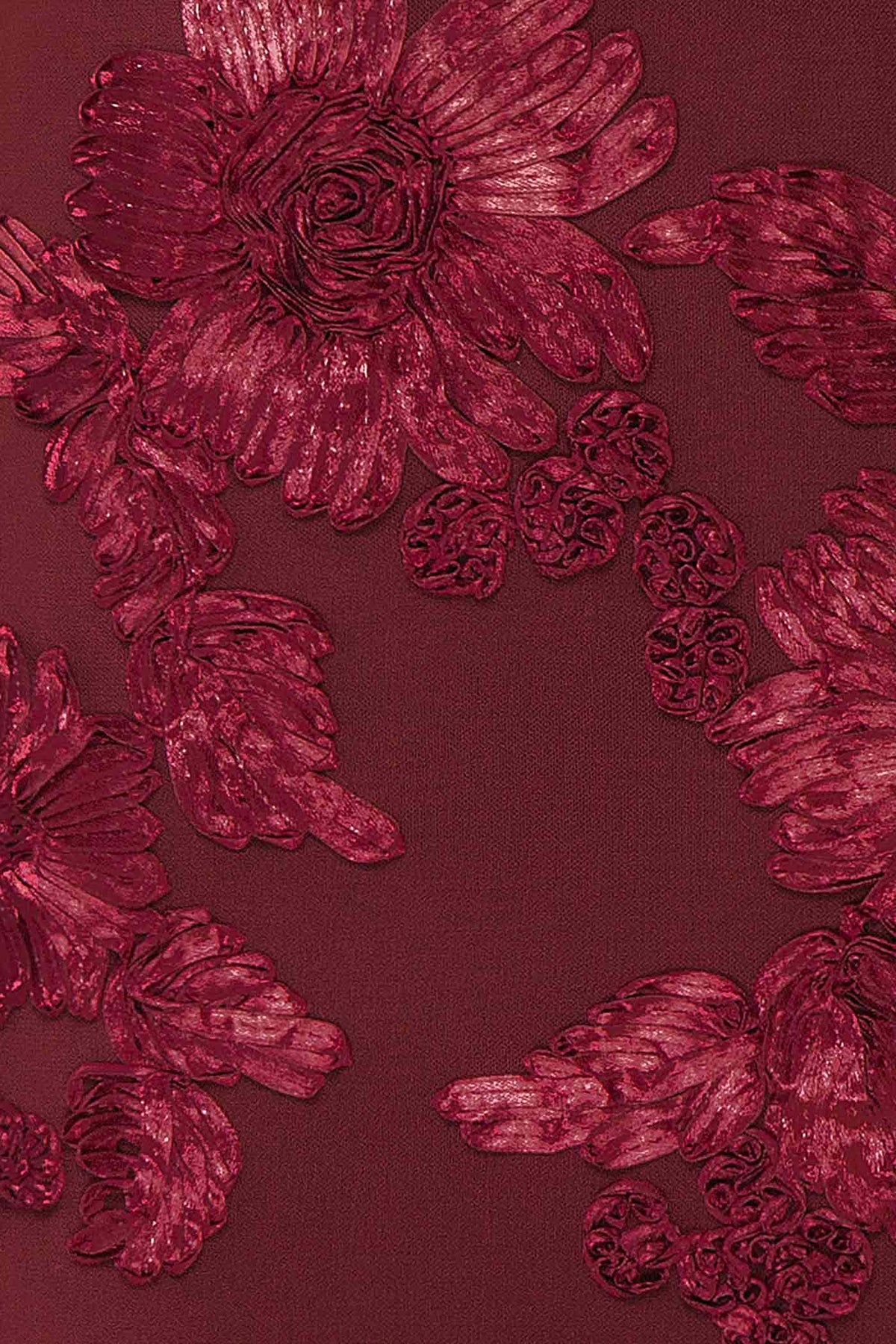 fabric view of Neya Burgundy Mesh Floral Maxi Dress with Back Slit at Boutique 1861