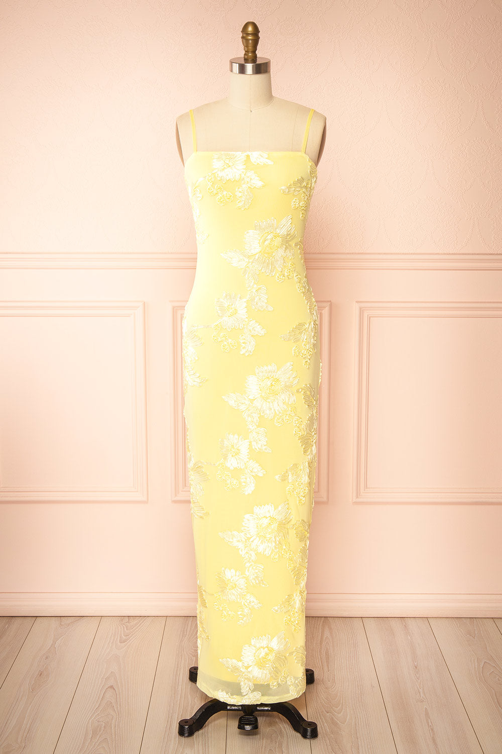 Neya Light Yellow Mesh Floral Maxi Dress with Back Slit | Boutique