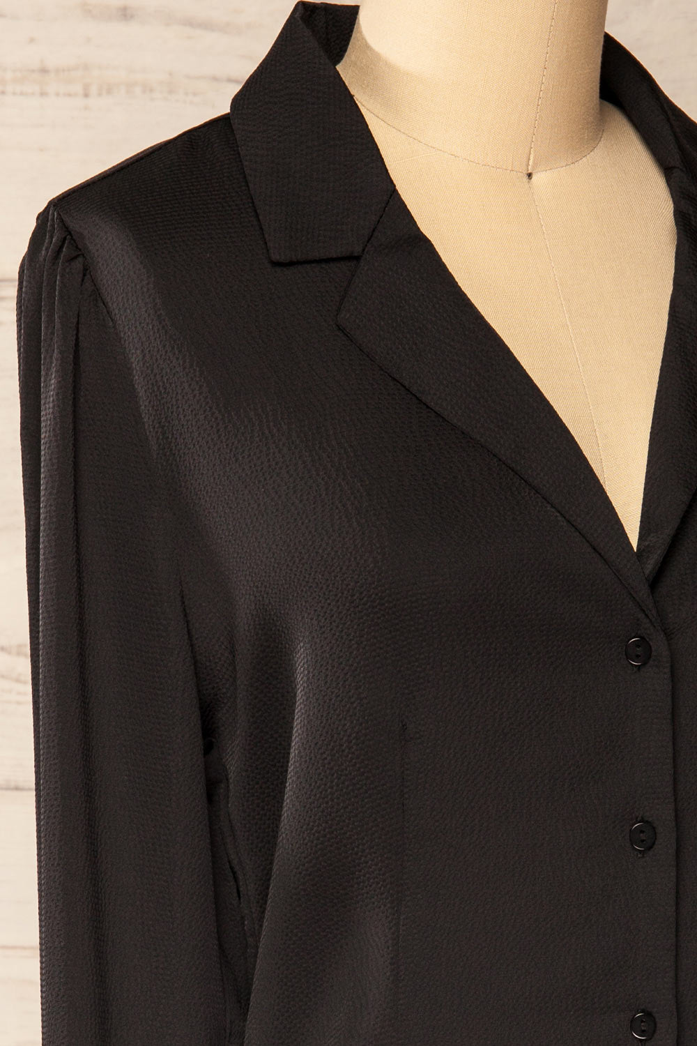 Niamey Black Waffled Satin Shirt | La petite garçonne side close-up
