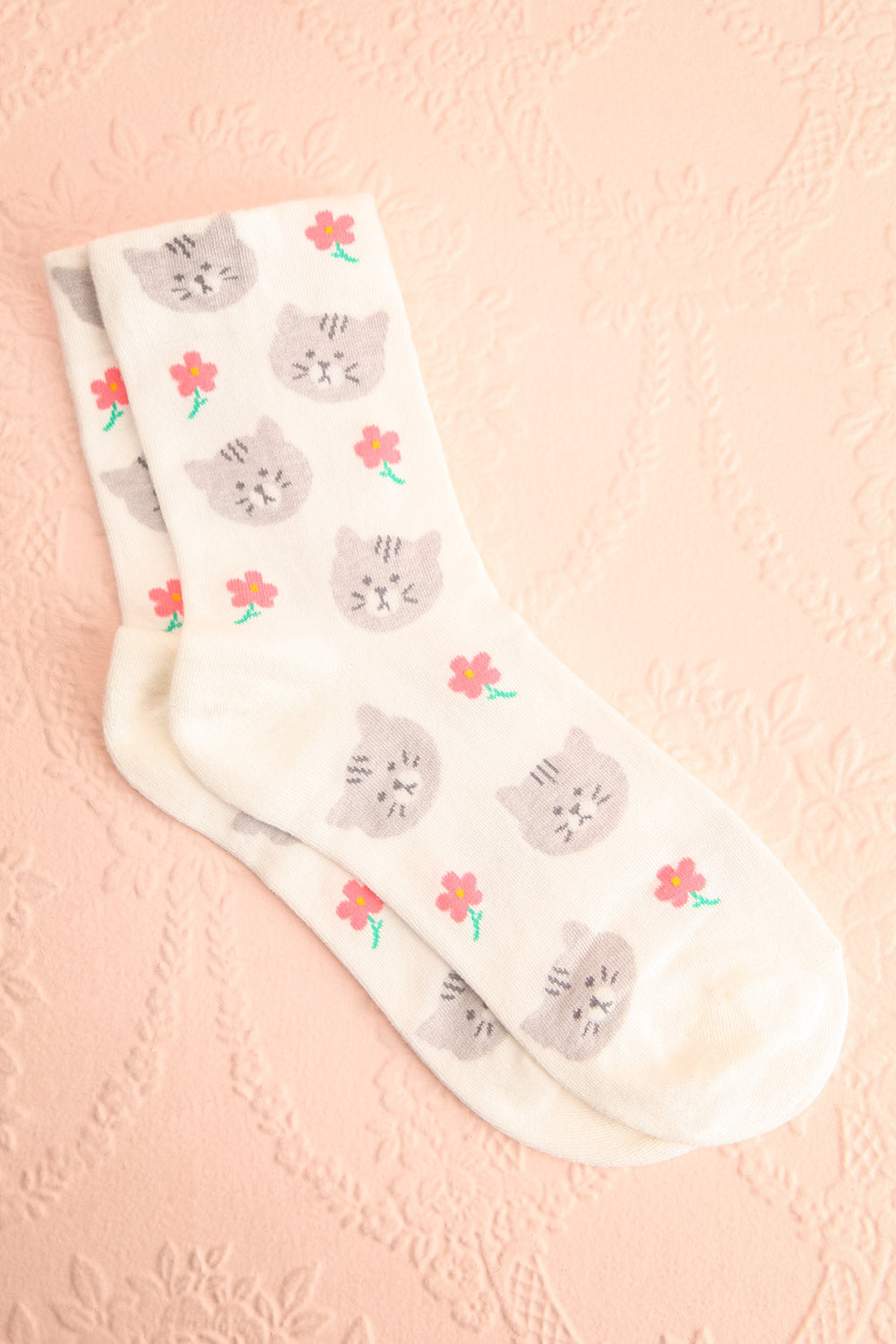 Niawu Grey Cats & Flowers Crew Socks | Boutique 1861
