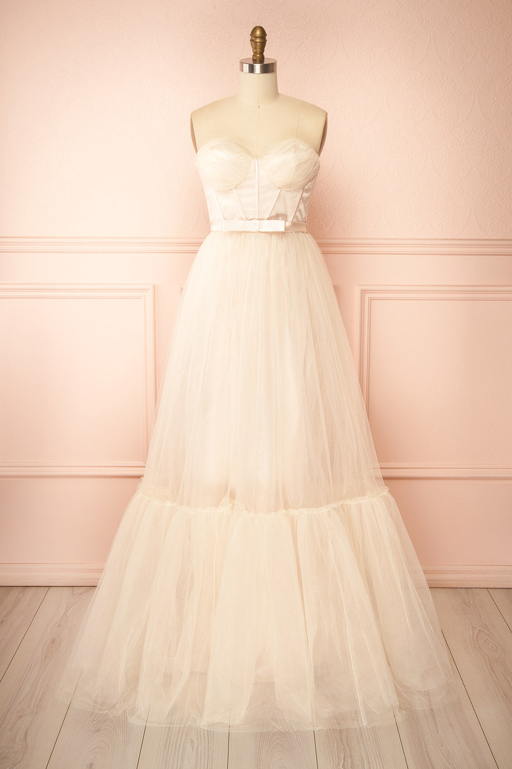 Nicola Champagne Strapless Corset Maxi Dress | Boudoir 1861