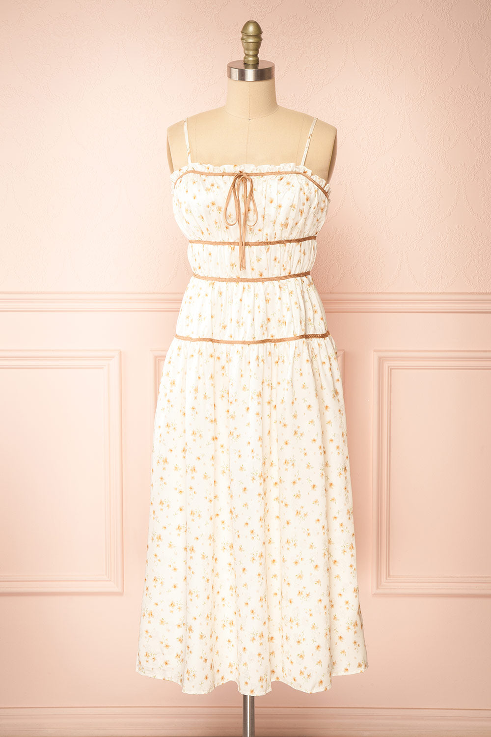 Norelle Beige Floral A-Line Satin Midi Dress | Boutique 1861 Norelle Beige Floral A-Line Satin Midi Dress | Boutique 1861
