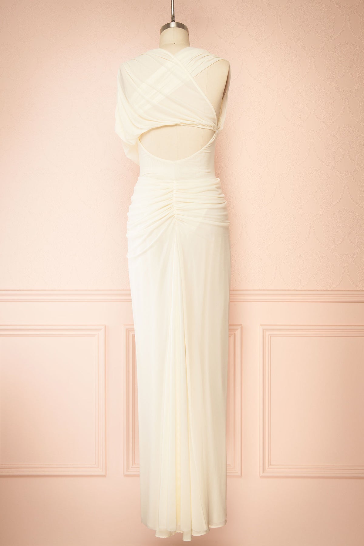 back view of Noriko Ivory Ruched Twist-Front Maxi Dress at Boudoir 1861