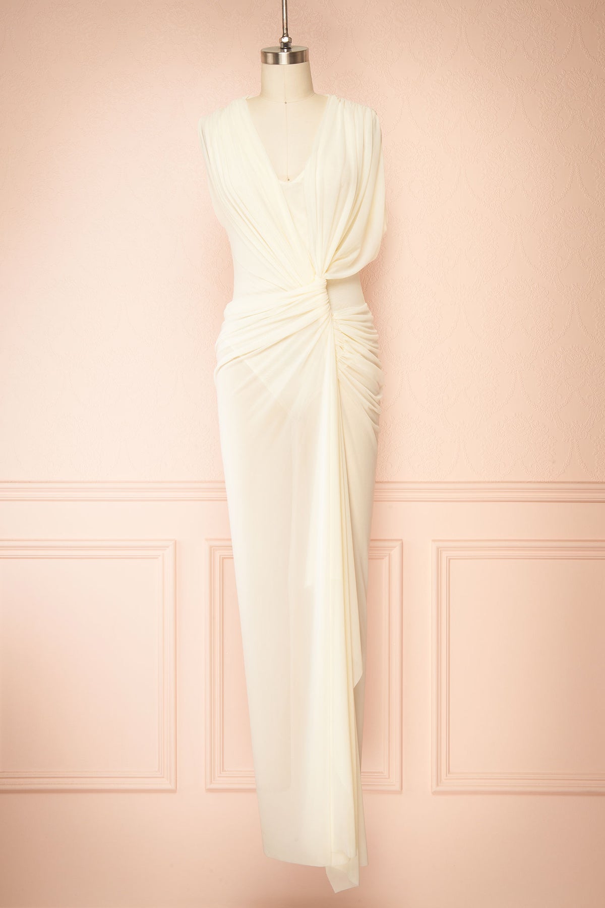 no skirt front view of Noriko Ivory Ruched Twist-Front Maxi Dress at Boudoir 1861