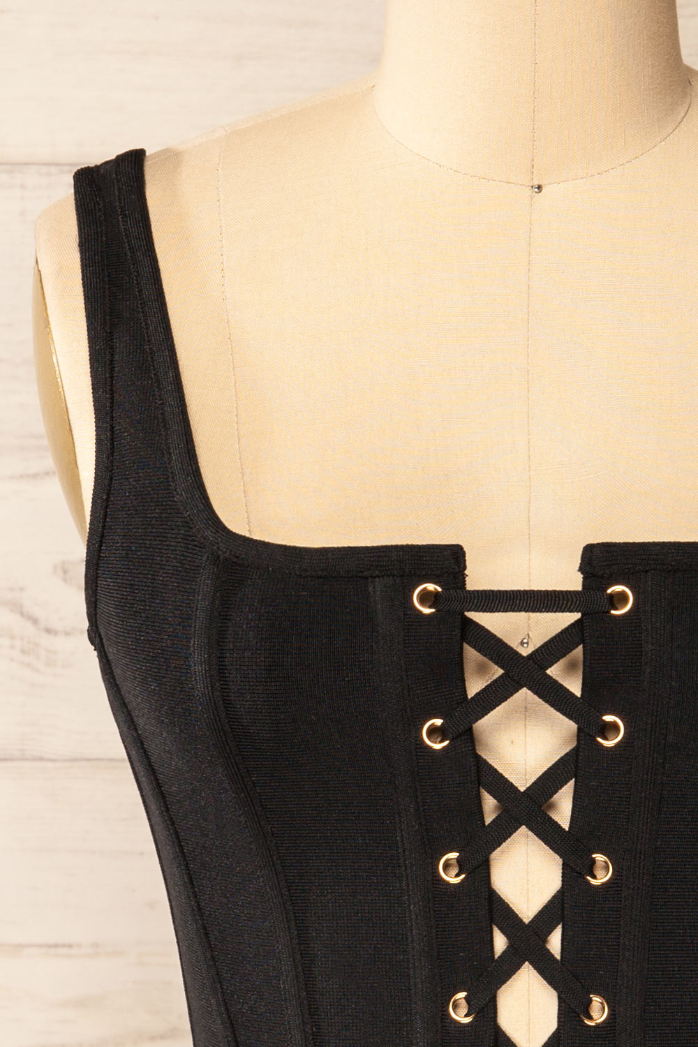 Noumea Black Lace-Up Corset Top | La petite garçonne front close-up