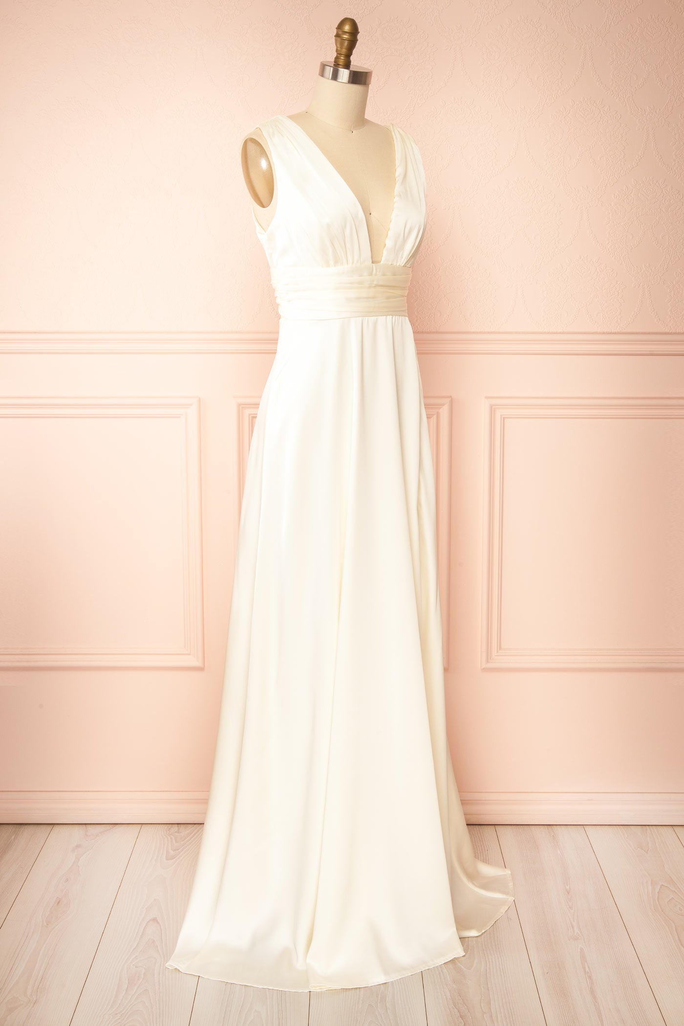 Novaelia Champagne Satin V-Neck Maxi Dress with Front Slit | Boudoir 1861 side view