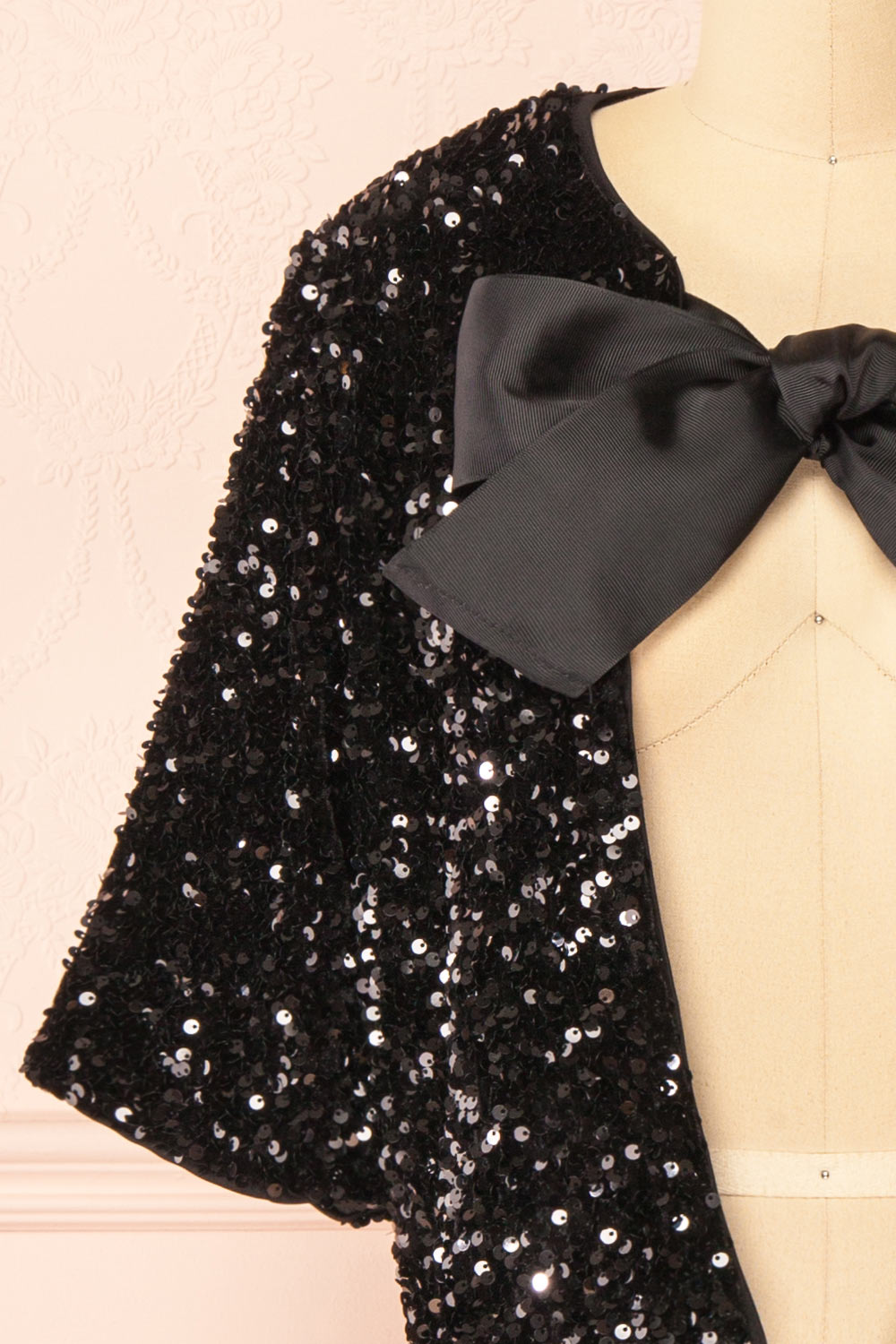 Nyala Short-Sleeved Black Sequins Cardigan | Boutique 1861 front close-up