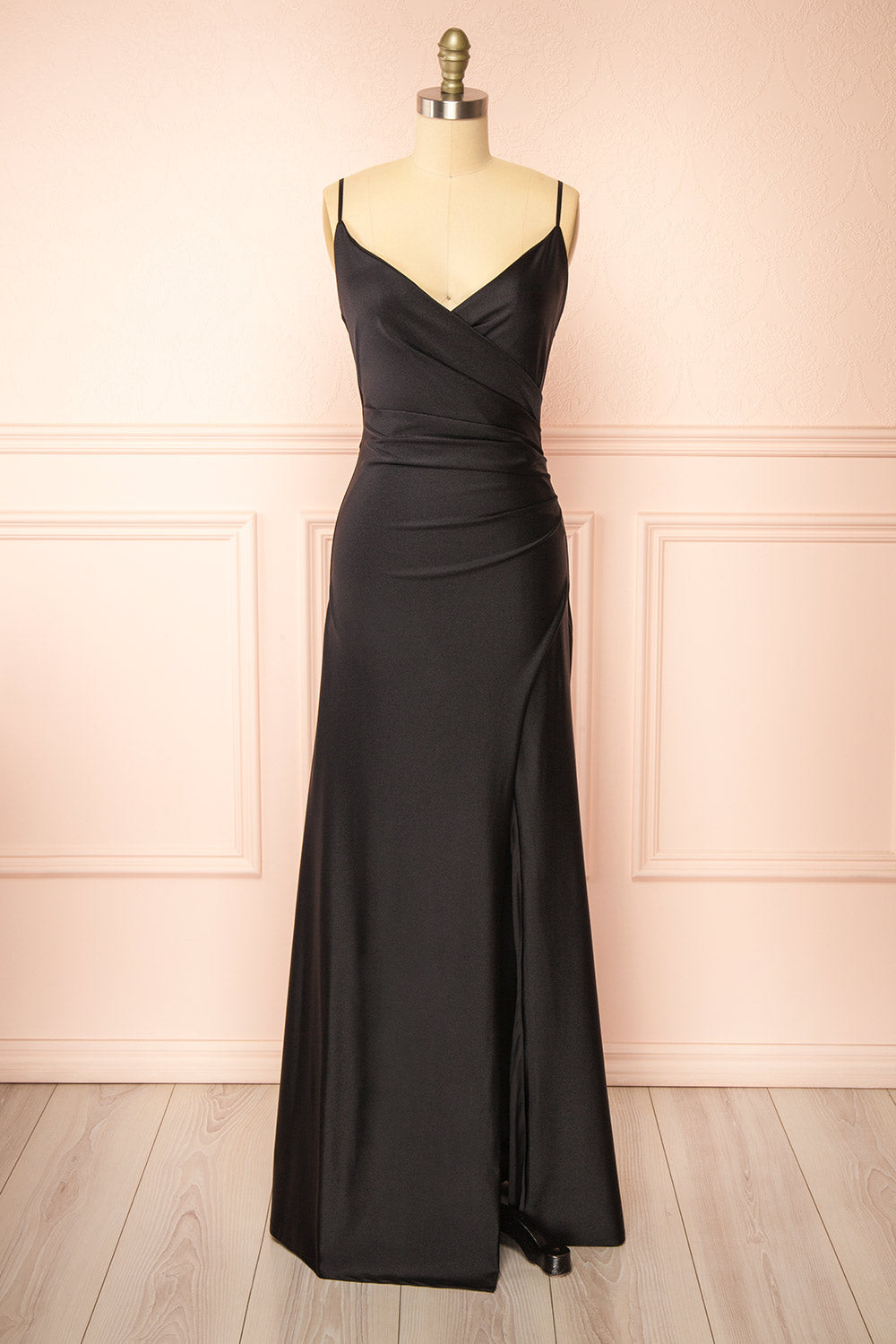 Nyra Black Mermaid Dress w/ Wrapped Bodice | Boutique 1861 front view