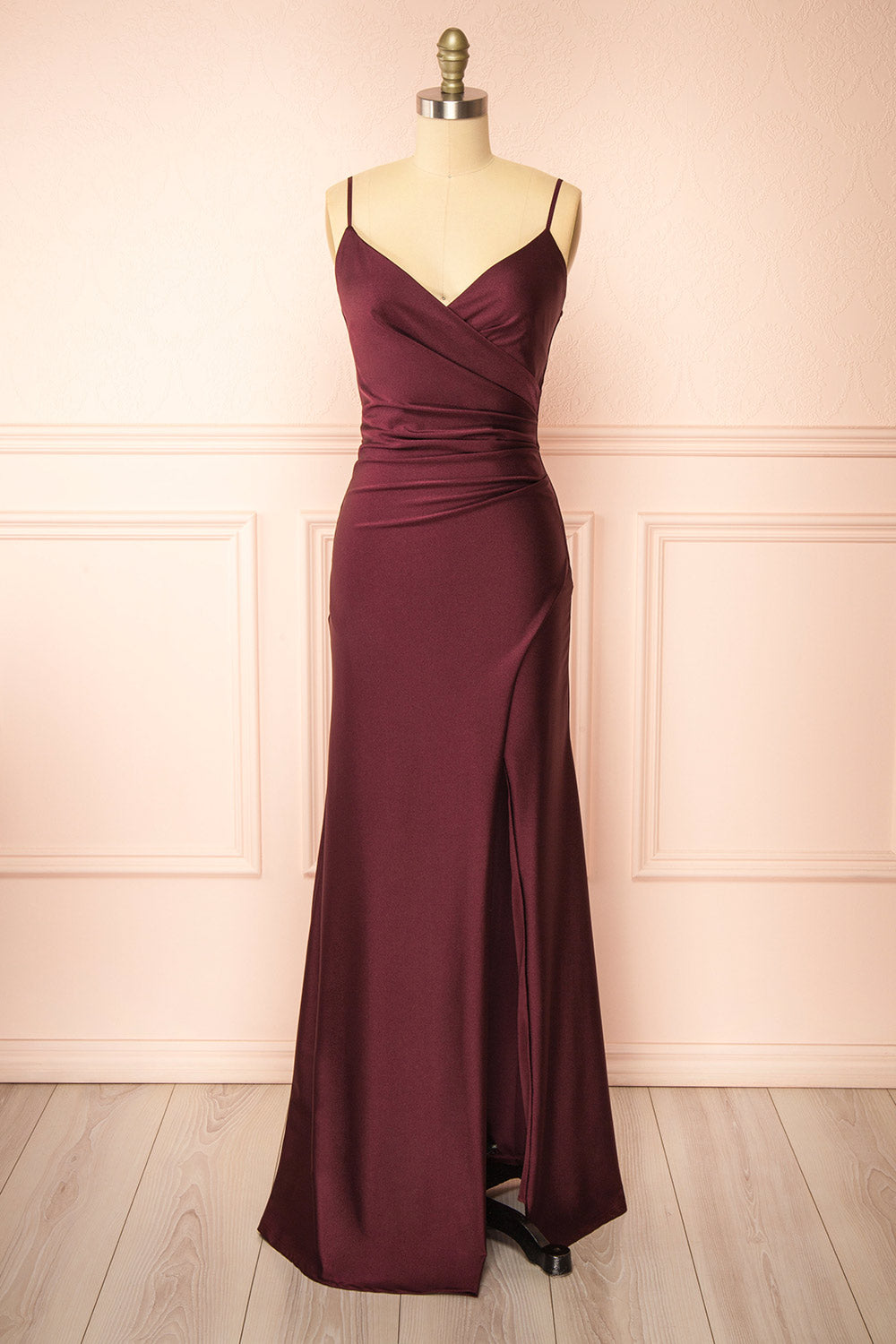 Nyra Burgundy Mermaid Dress w/ Wrapped Bodice | Boutique 1861 front view