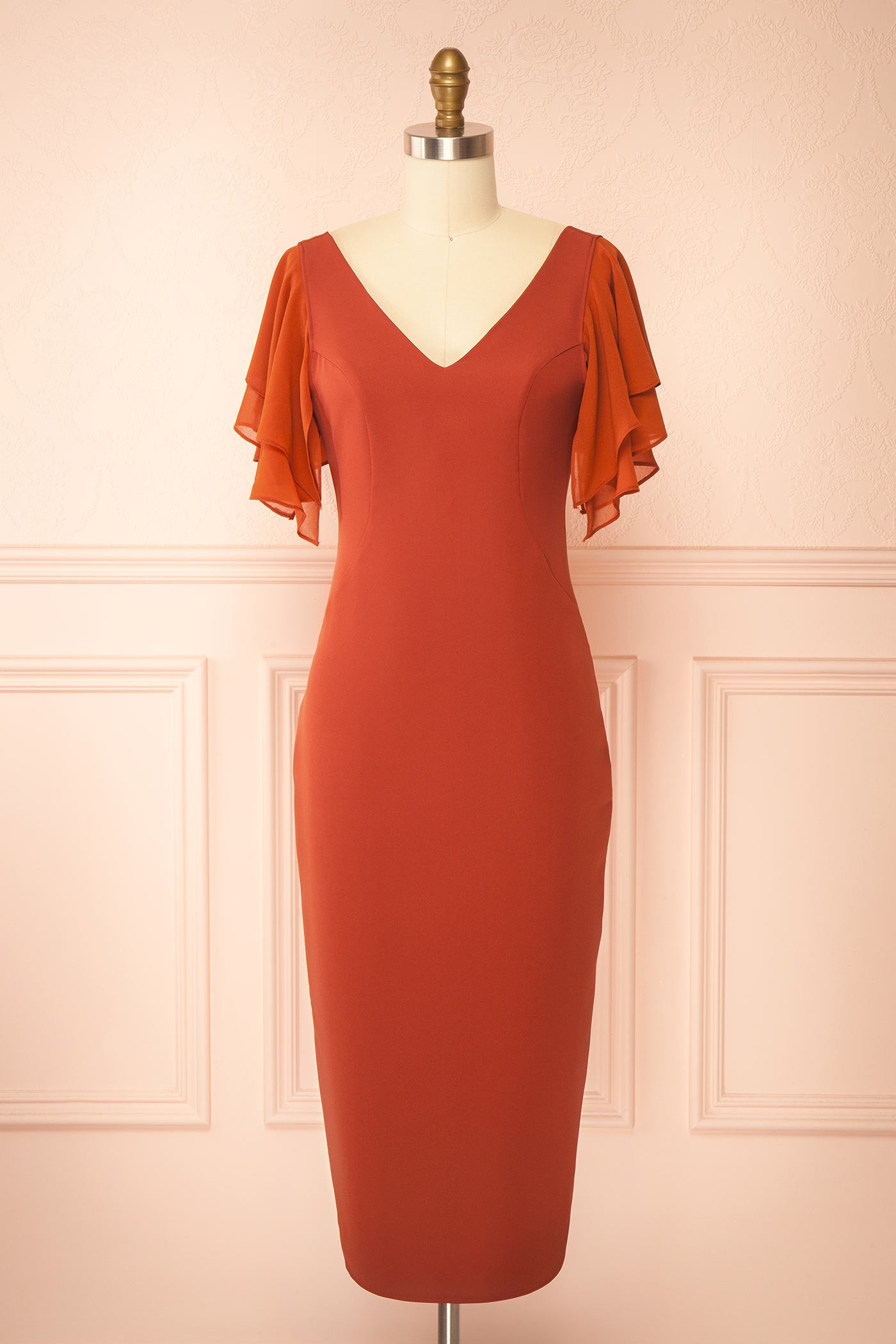 Odessy Rust | Midi Dress with V-Neckline by Arti Gogna