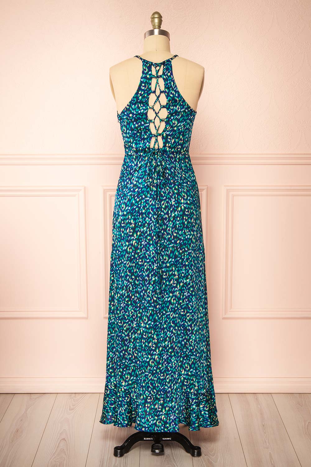 Odile Maxi Blue Pattern Dress w/ Laced Back | Boutique 1861  back view