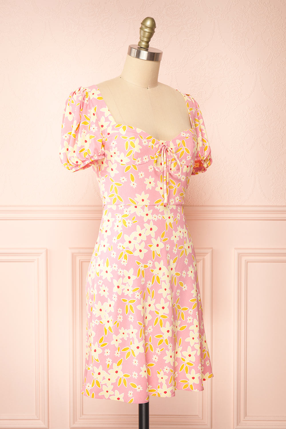 Olga Short Pink Floral Dress w/ Puffy Sleeves | Boutique 1861 side view