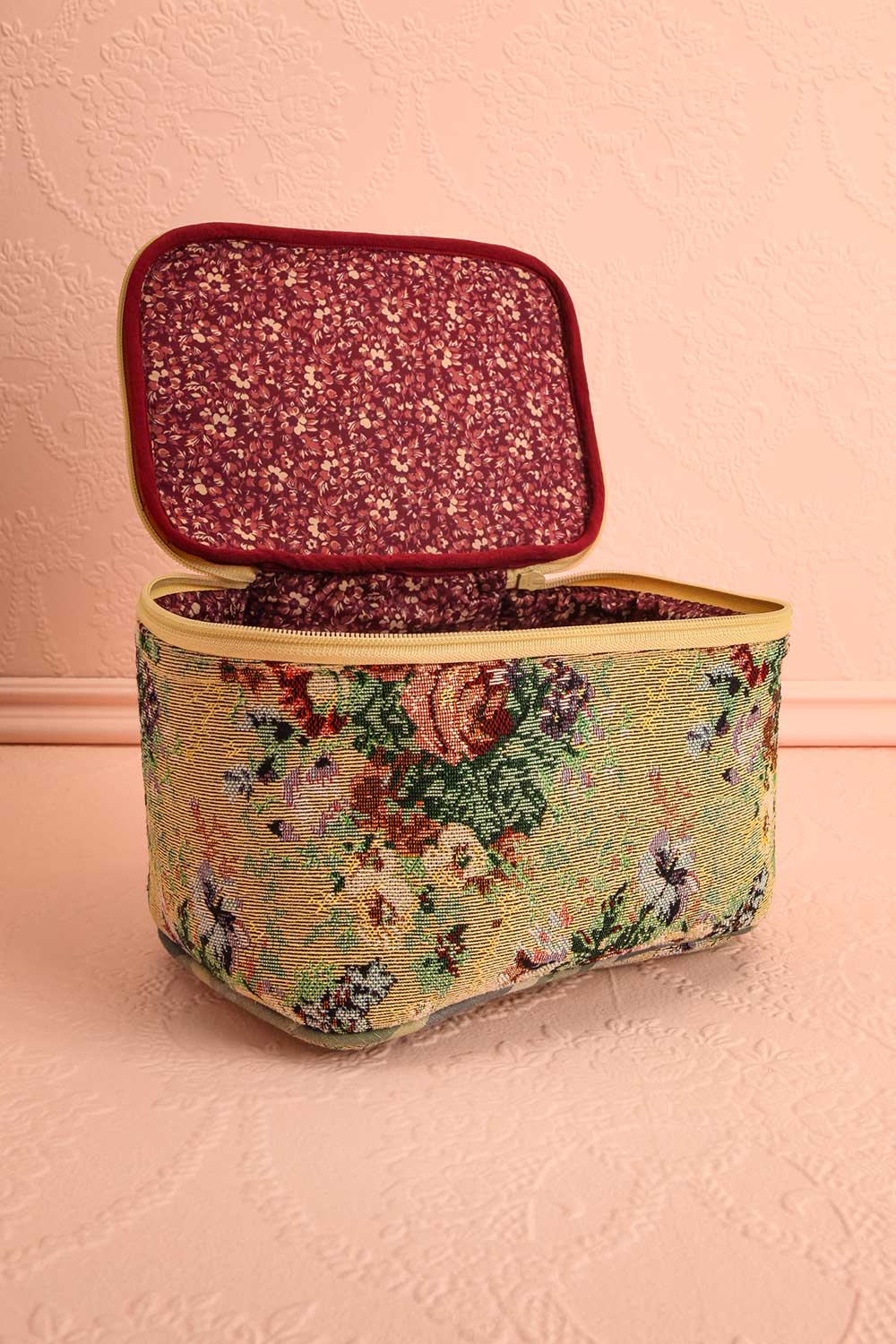 OIivette Beige Floral Jacquard Make-Up Bag | Boutique 1861 open view
