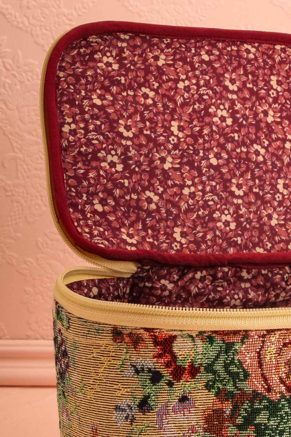 OIivette Beige Floral Jacquard Make-Up Bag | Boutique 1861 open