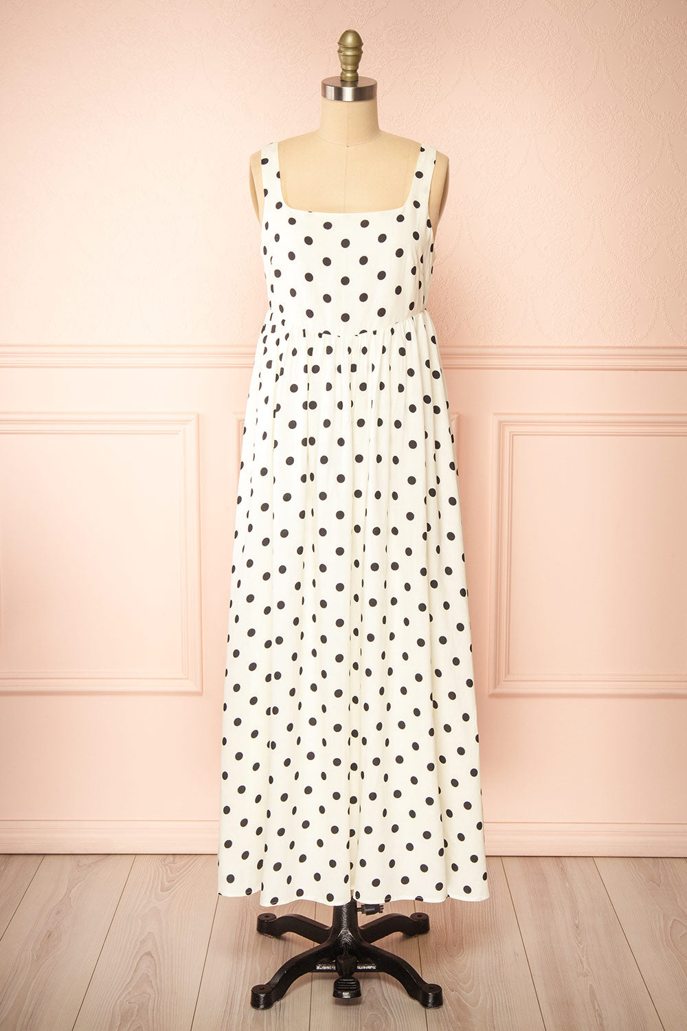 Onomati White Maxi Dress w/ Black Polka Dots | Boutique 1861 front