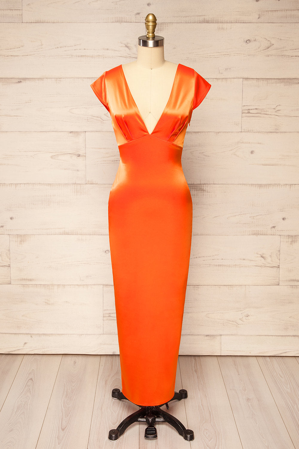 Orabelle Fitted Orange Satin Dress | Boutique 1861 front view
