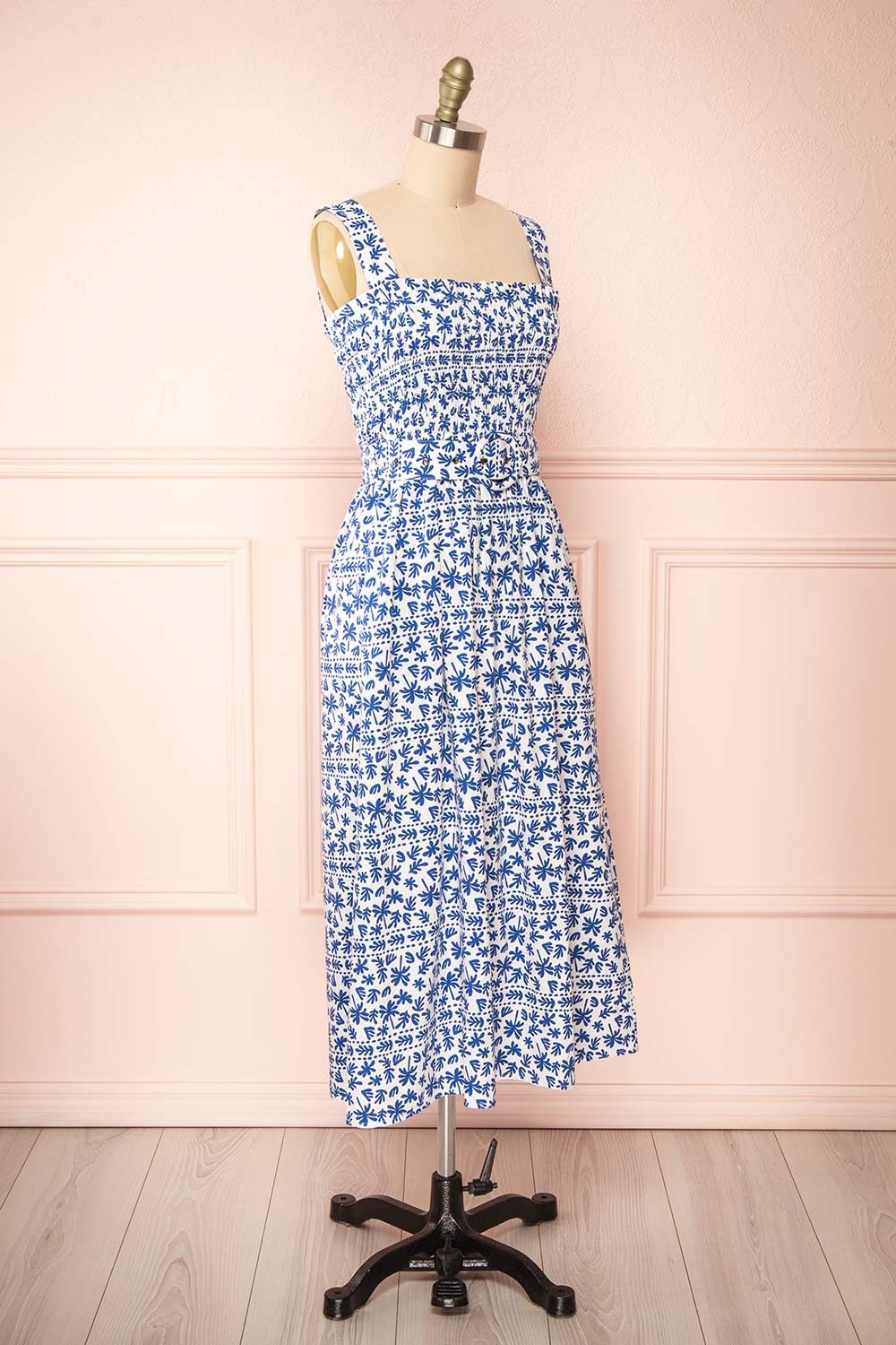 Orbis Midi Patterned Blue Dress w/ Ruched Bust | Boutique 1861 side view