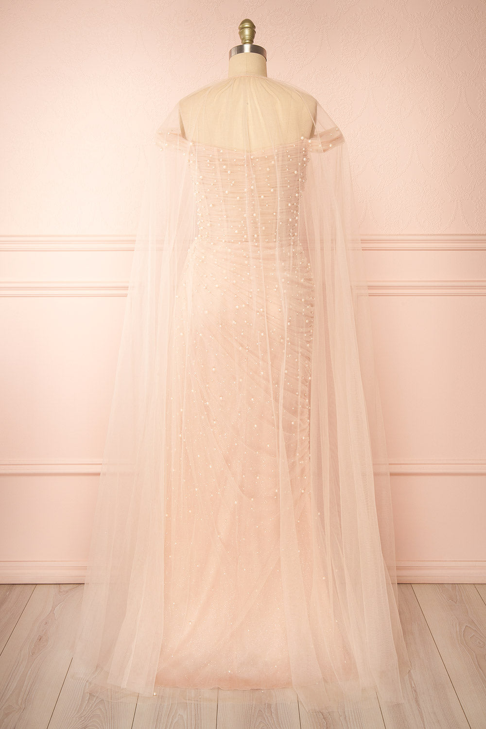 Orphee Pink Pleated Gown w/ Pearls & Cape | Boudoir 1861 back cape view