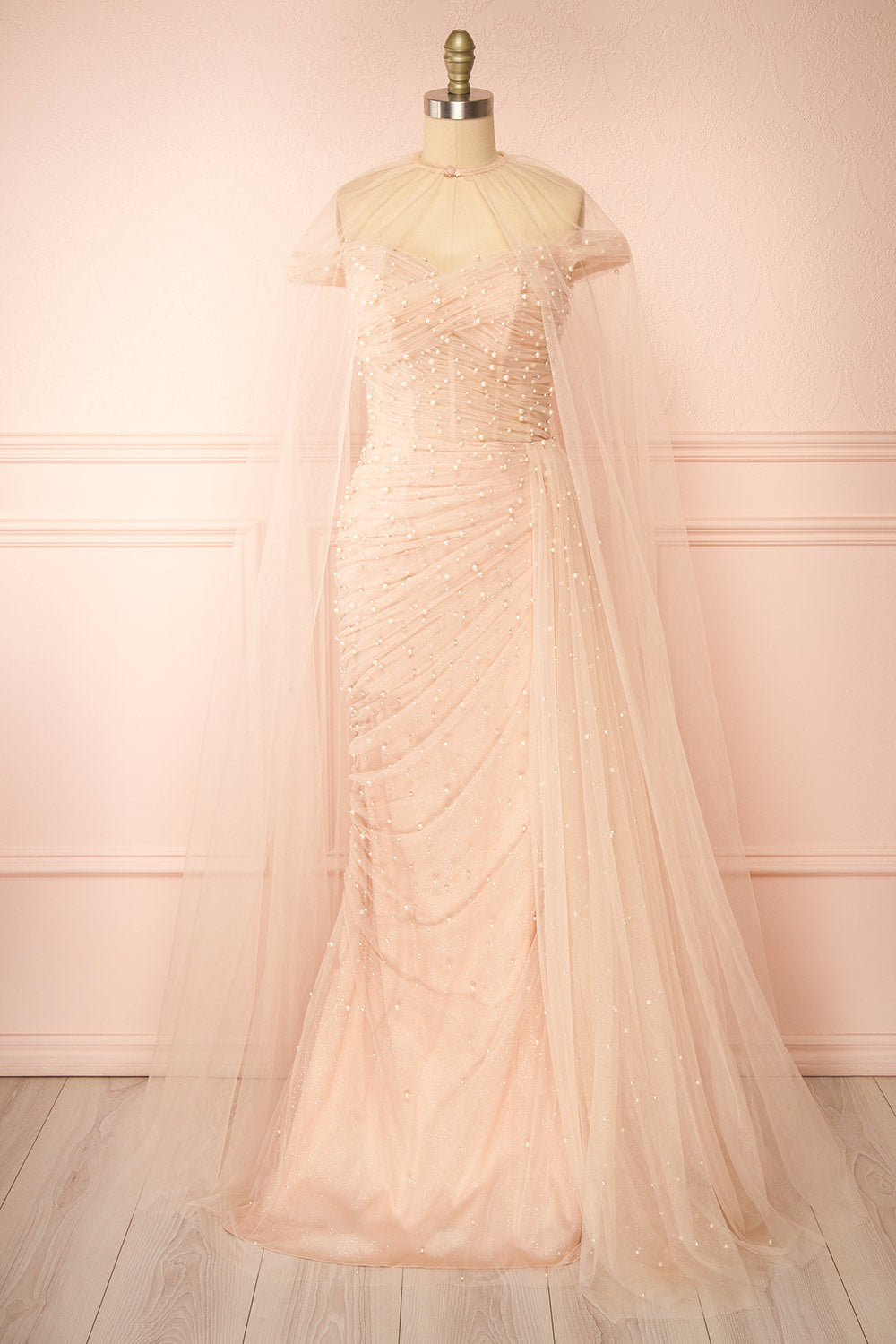 Orphee Pink Pleated Gown w/ Pearls & Cape | Boudoir 1861 front view cape