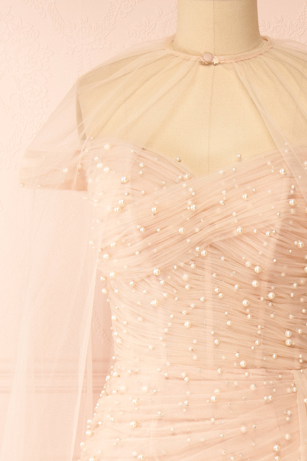 Orphee Pink Pleated Gown w/ Pearls & Cape | Boudoir 1861 front cape close-up