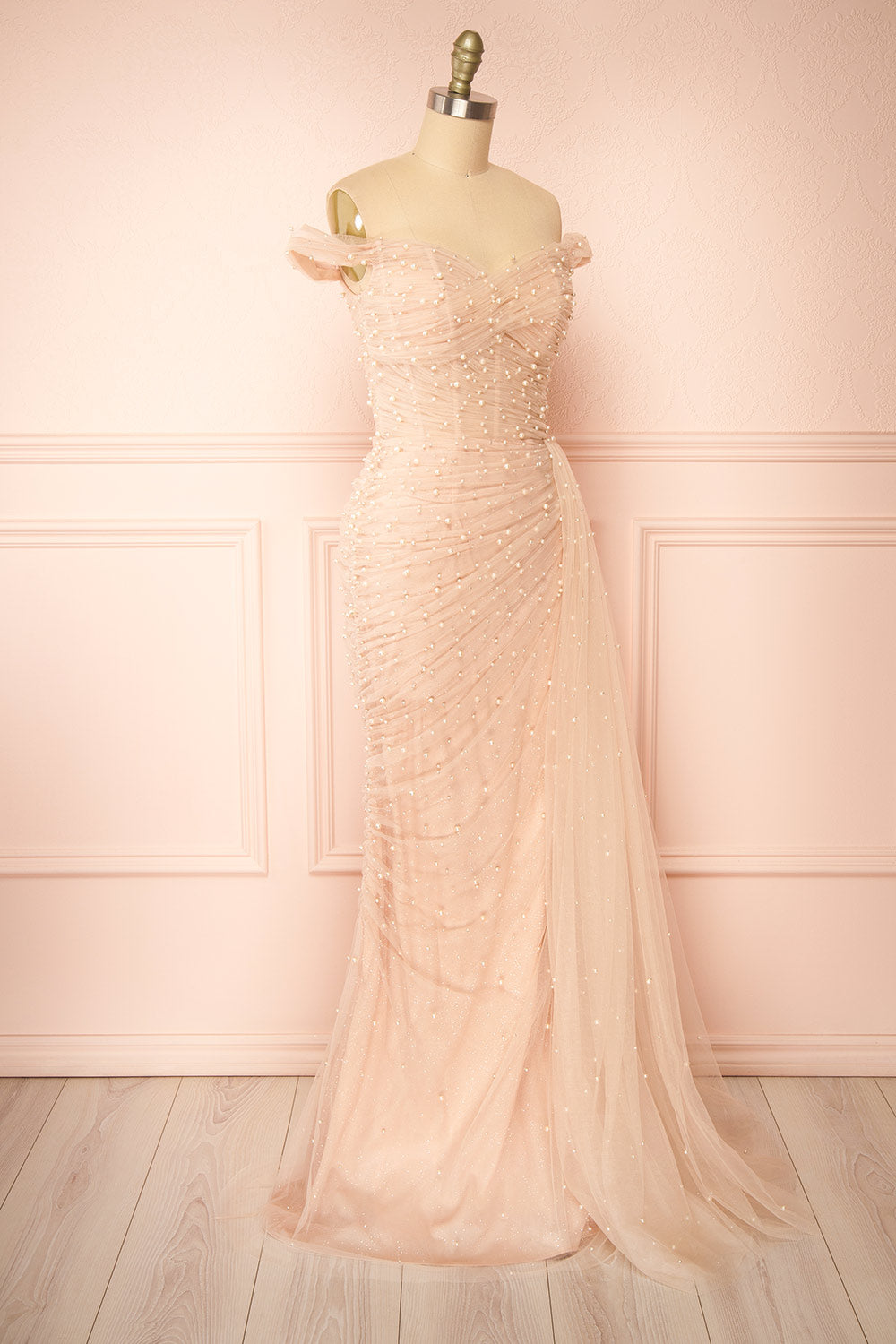 Orphee Pink Pleated Gown w/ Pearls & Cape | Boudoir 1861 side view