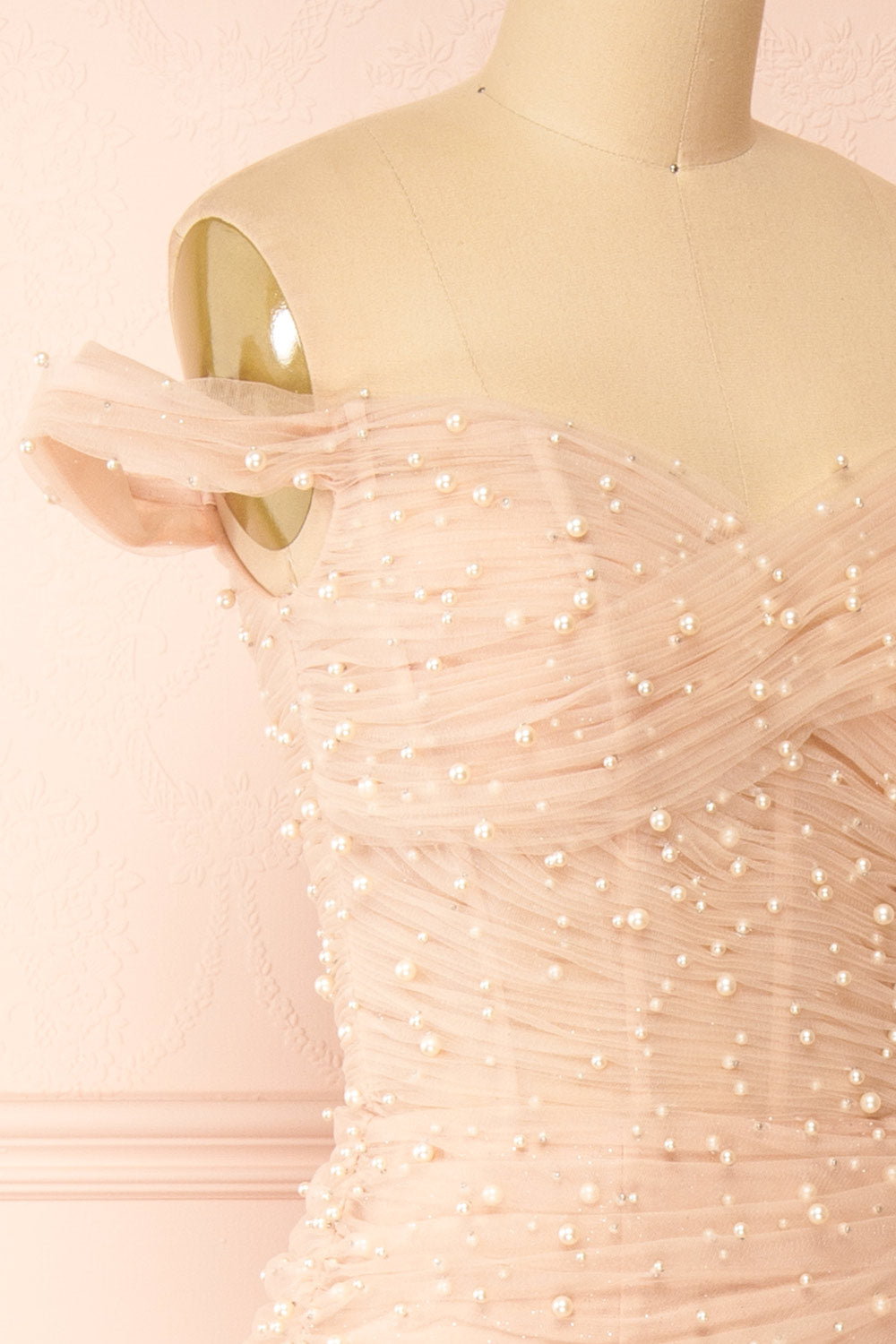 Orphee Pink Pleated Gown w/ Pearls & Cape | Boudoir 1861  side