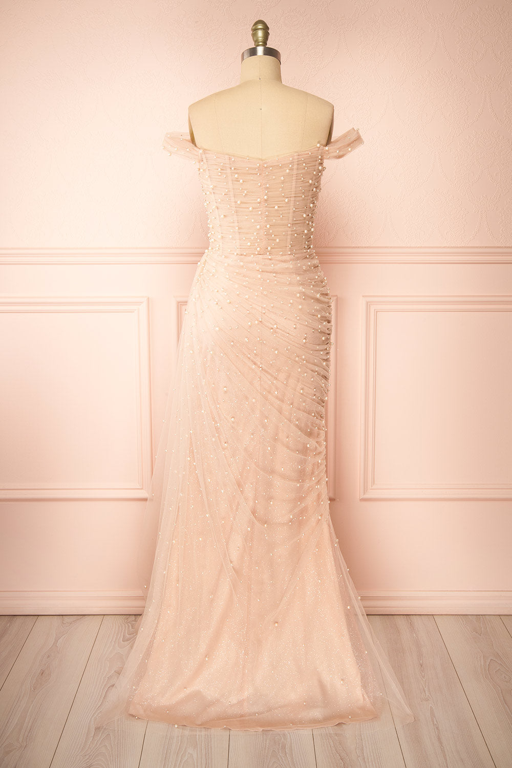 Orphee Pink Pleated Gown w/ Pearls & Cape | Boudoir 1861 back view