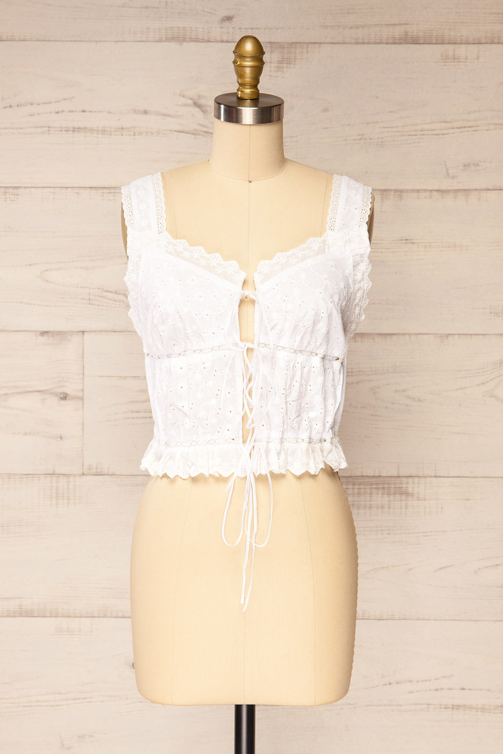 Orvieto White Eyelet Front Tie Crop Top with Lace Trim | La petite garçonne front view