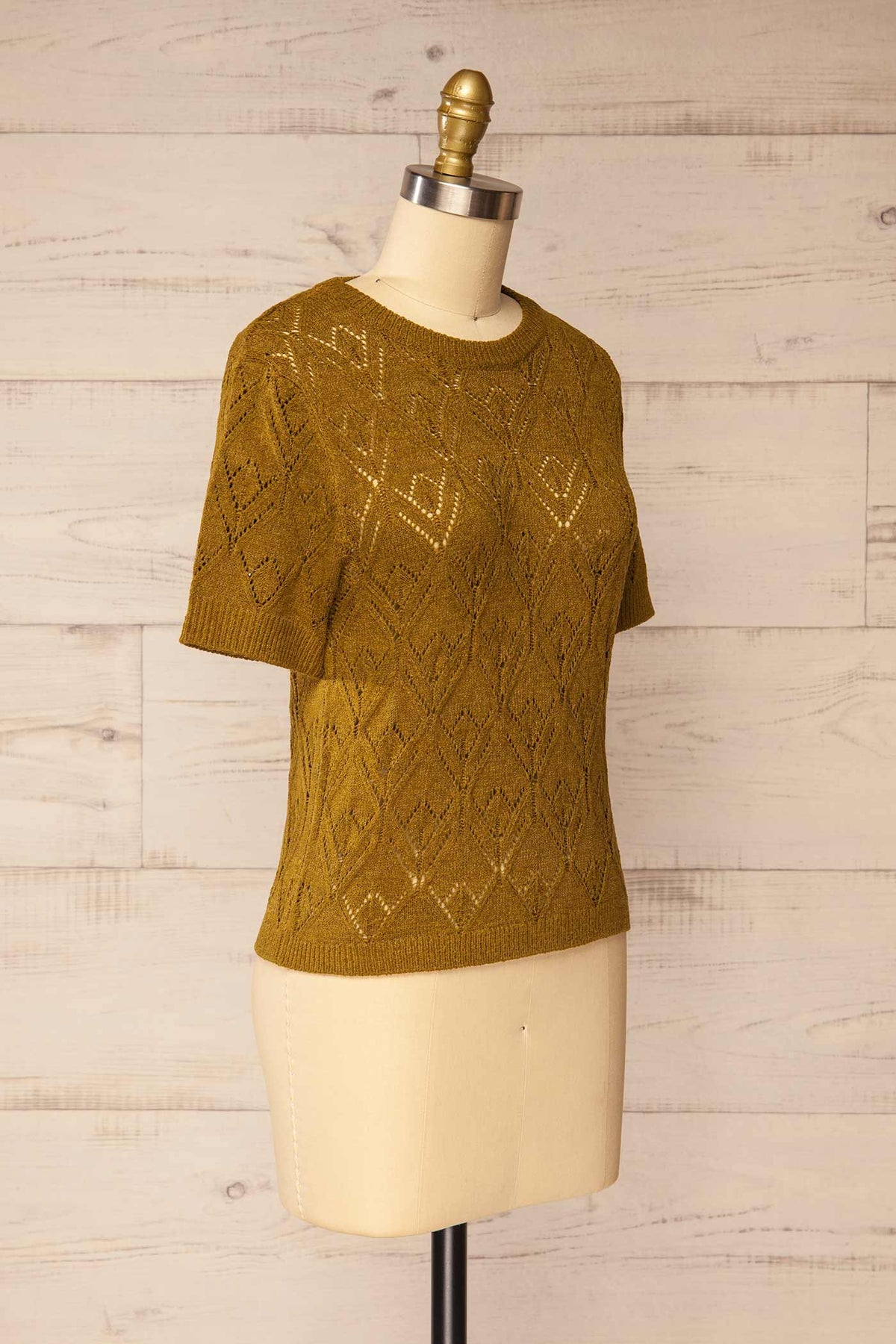 side view of Paimpol Olive Short-Sleeve Knit Top at La petite garçonne