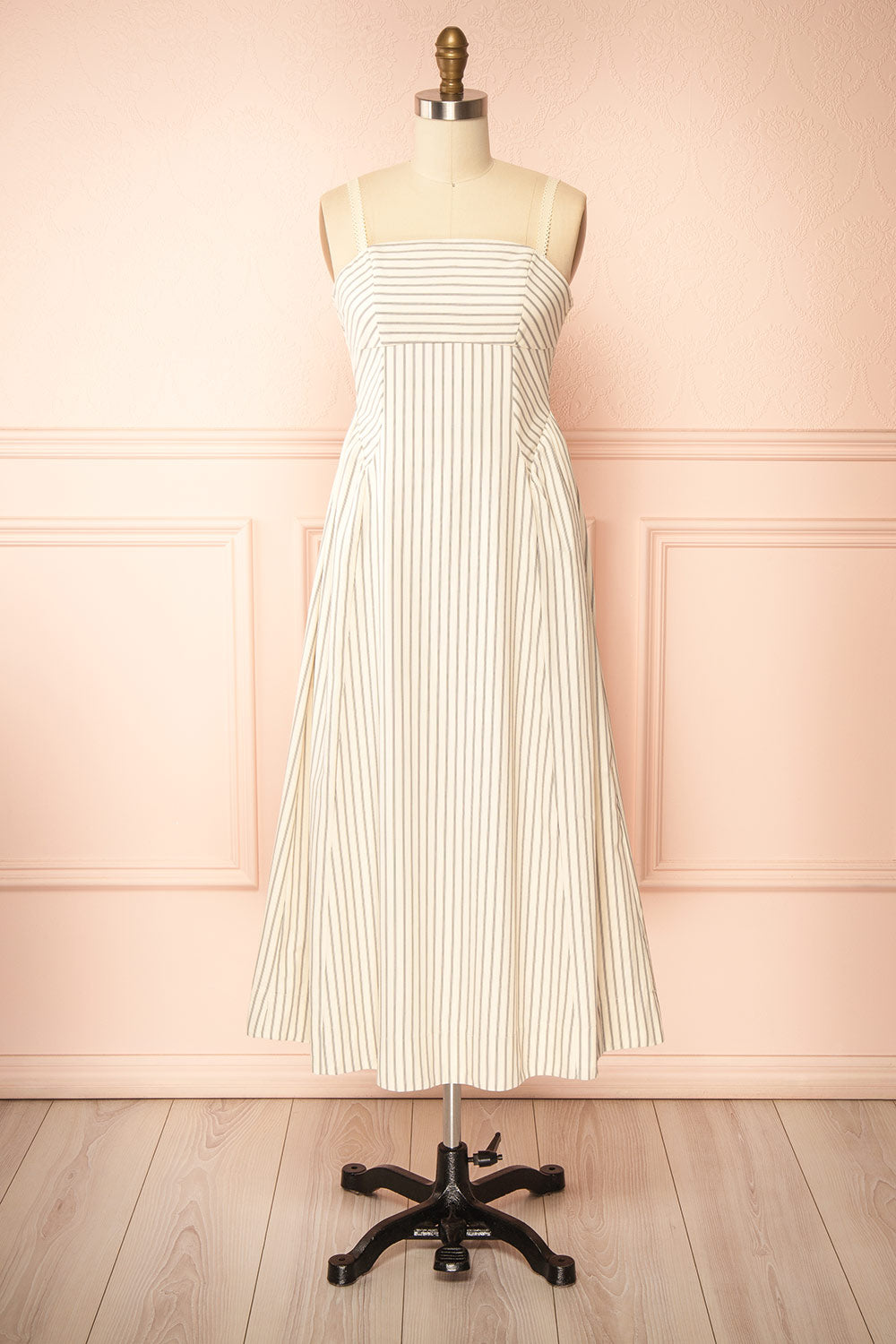Palashi Ivory Striped Sleeveless Midi Dress with Pockets | Boutique 1861 front view
