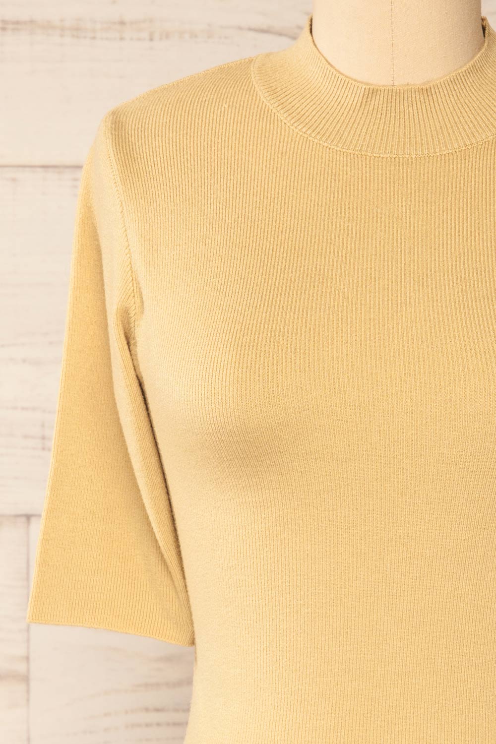 Palermo Beige Short Sleeve Mock Neck Top | La petite garçonne front close-up