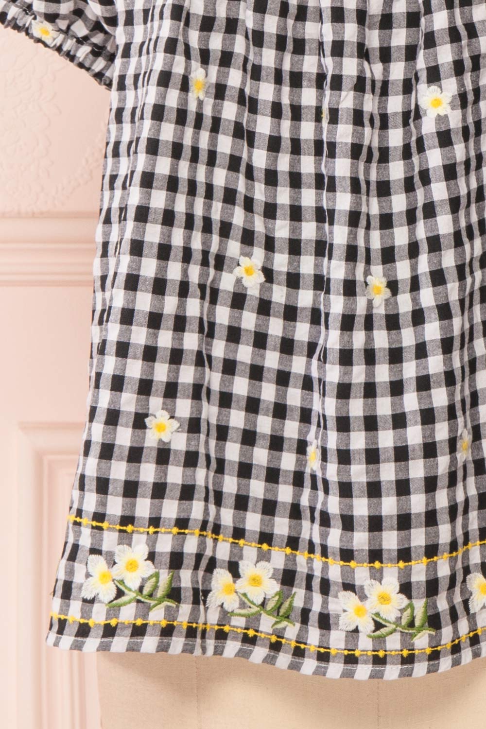 Paloma Black Ginham Top w/ Floral Embroidery | Boutique 1861 bottom close-up