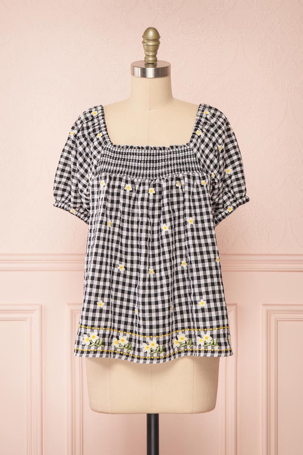 Paloma Black Ginham Top w/ Floral Embroidery | Boutique 1861 front view