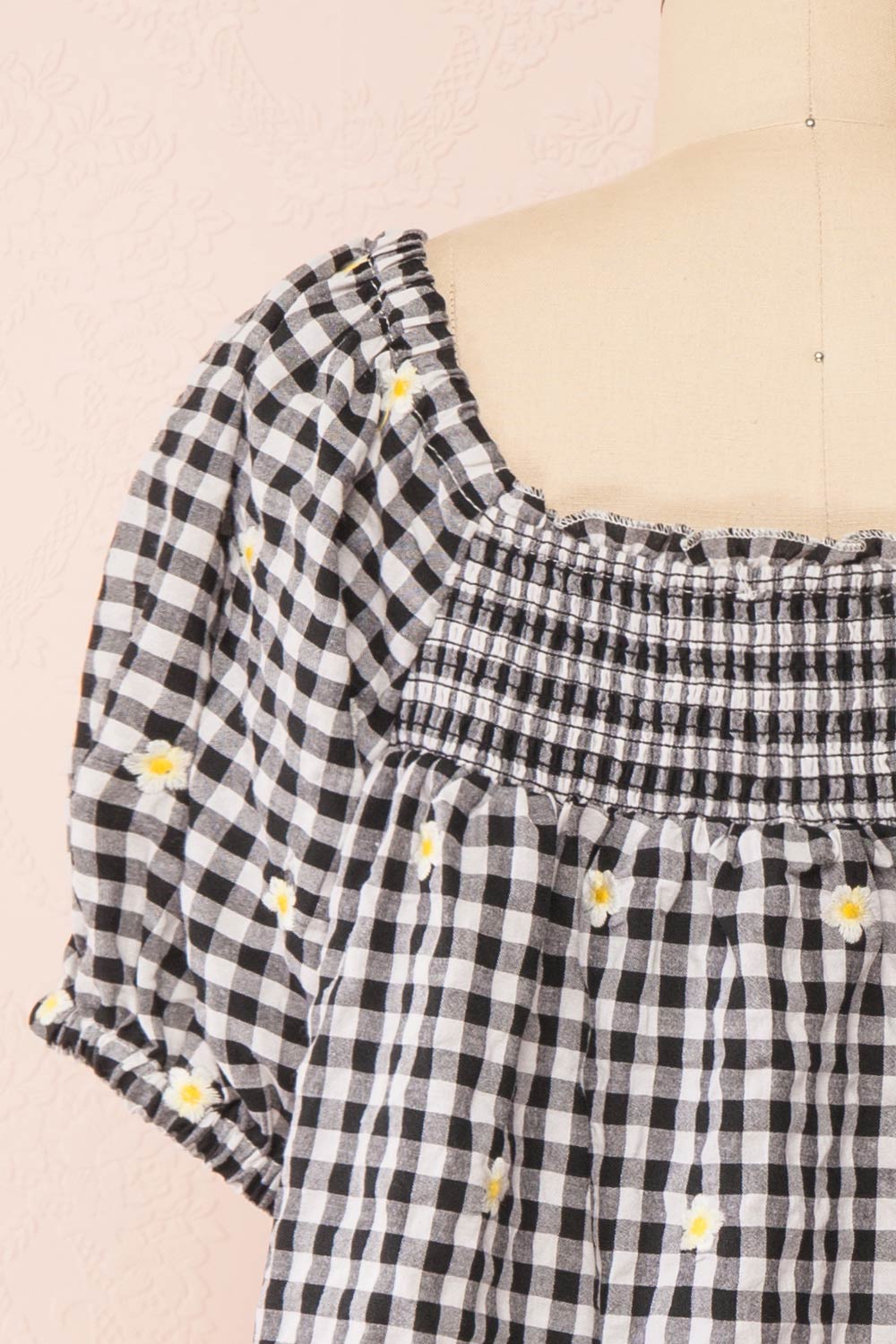 Paloma Black Ginham Top w/ Floral Embroidery | Boutique 1861 back close-up
