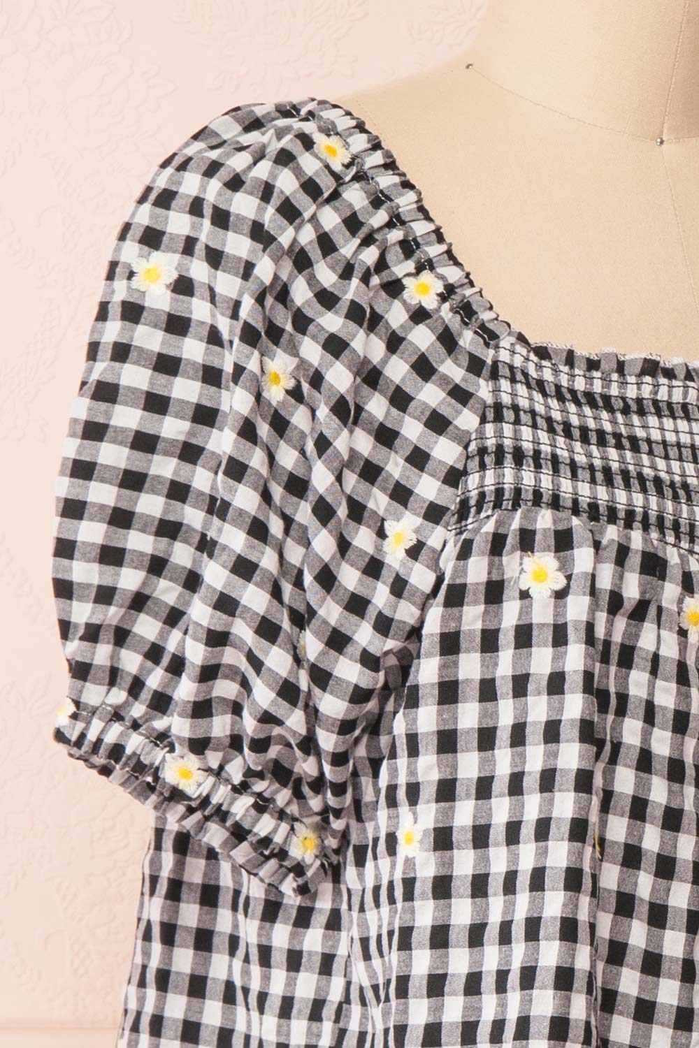 Paloma Black Ginham Top w/ Floral Embroidery | Boutique 1861 side close-up