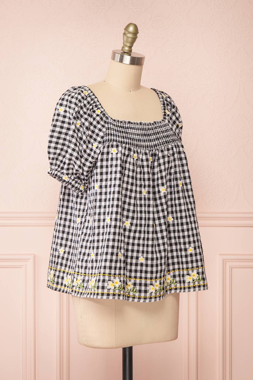 Paloma Black Ginham Top w/ Floral Embroidery | Boutique 1861 side view
