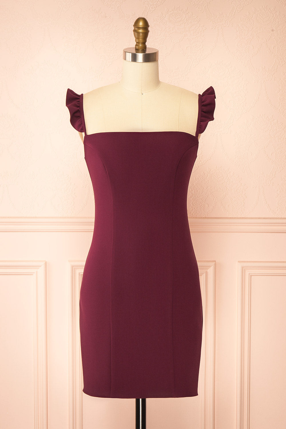 Palora Burgundy Short Dress with Ruffled Straps by Arti Gogna | Boutique 1861 front view